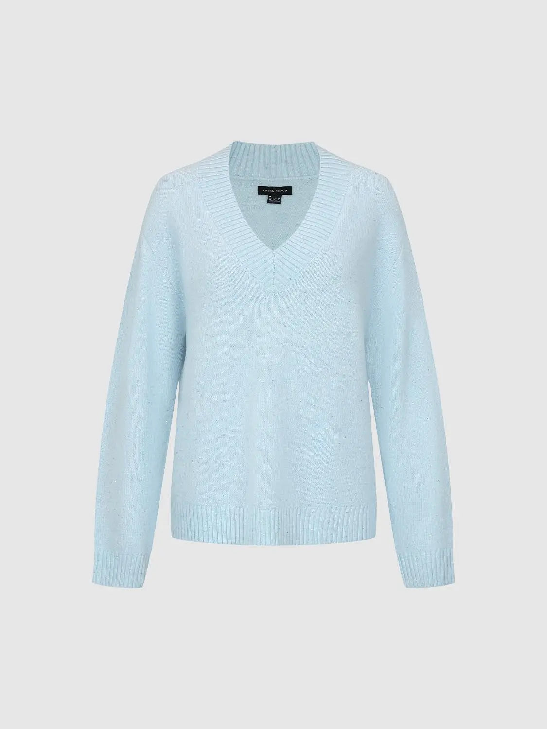 Knit T-Shirt light blue knitted sweater by Urban Revivo Fashion with V-neck and ribbed cuffs.