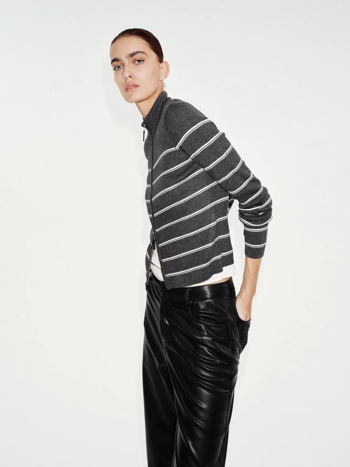 Knit Jacket, gray striped knitted cardigan with white horizontal stripes and zip front.