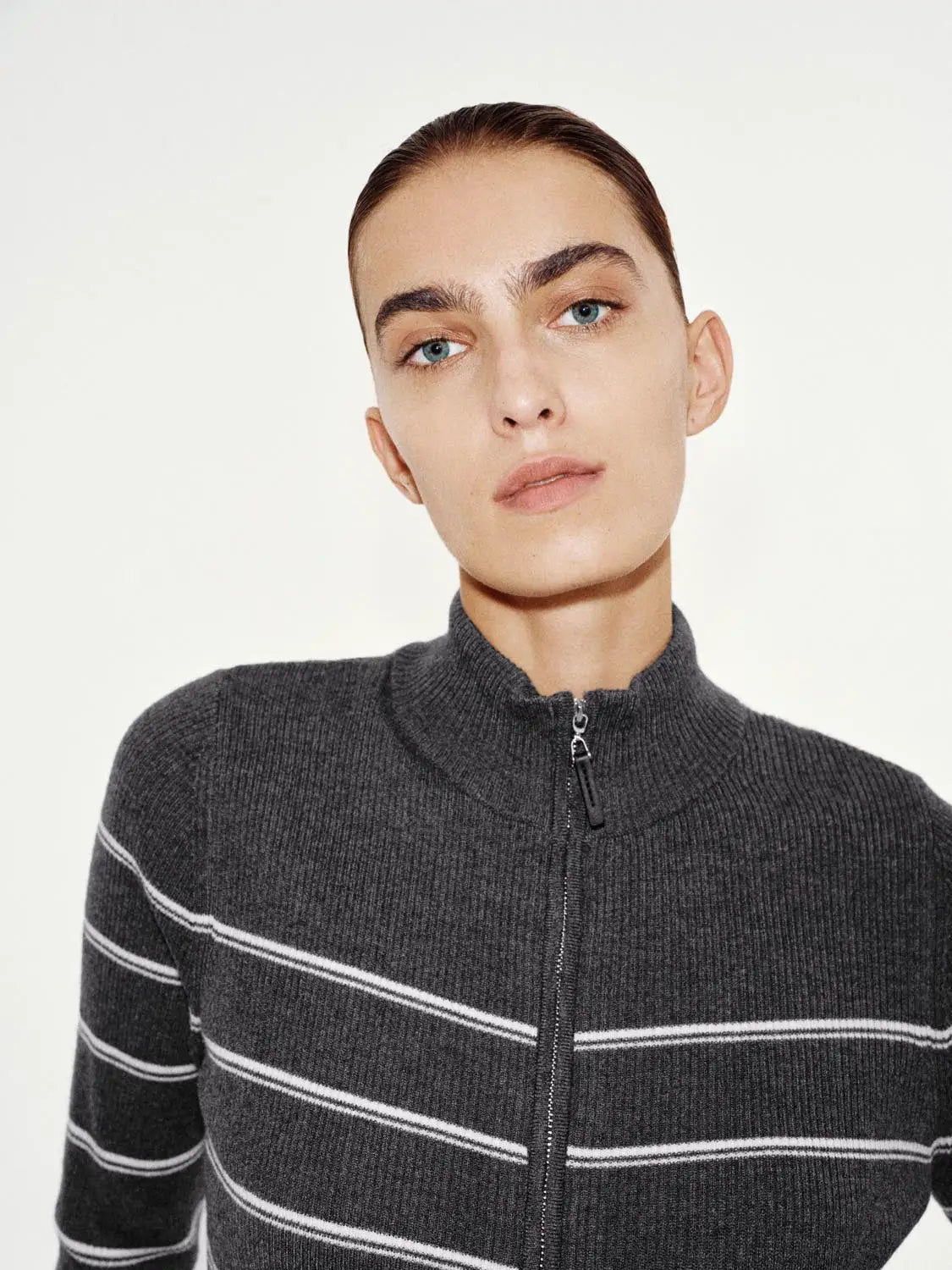 Knit Jacket by Urban Revivo, dark gray cardigan with white stripes and front zipper.