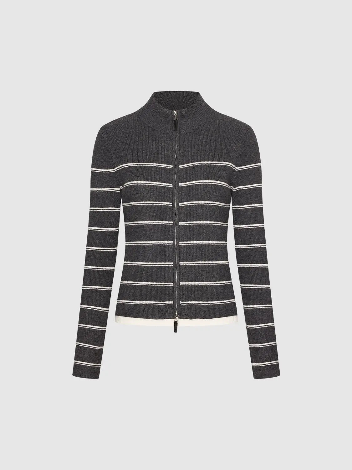 Knit jacket by Urban Revivo, grey with white horizontal stripes, zip-front.