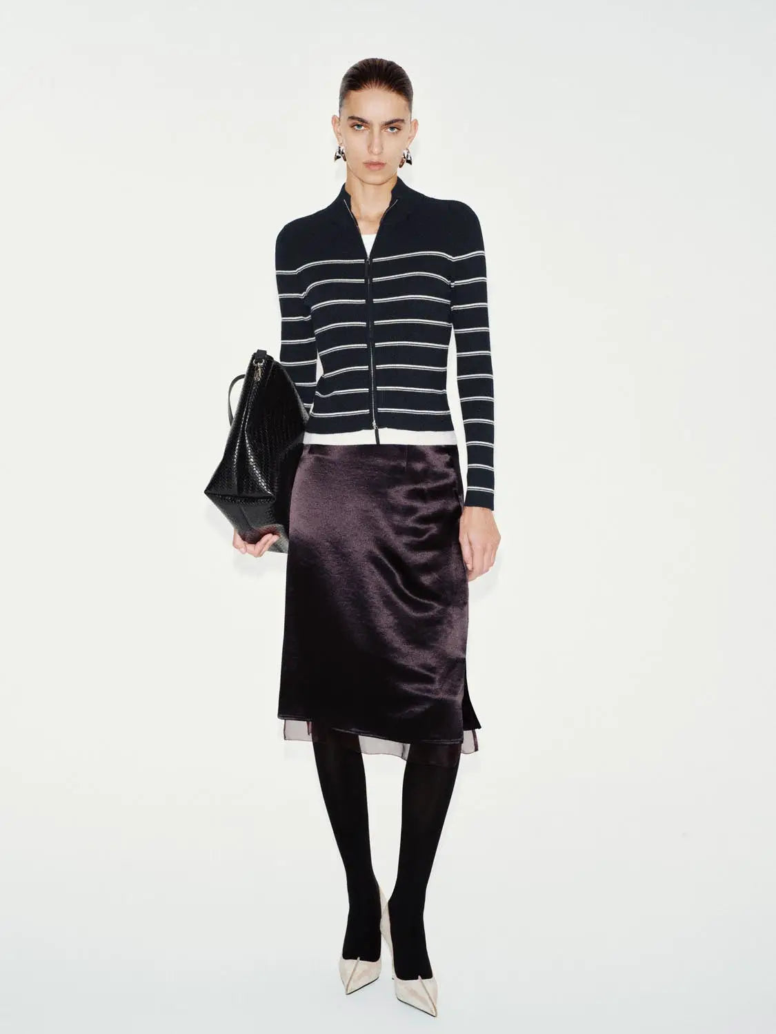 Knit Jacket by Urban Revivo Fashion, navy cardigan with white horizontal stripes, front zip