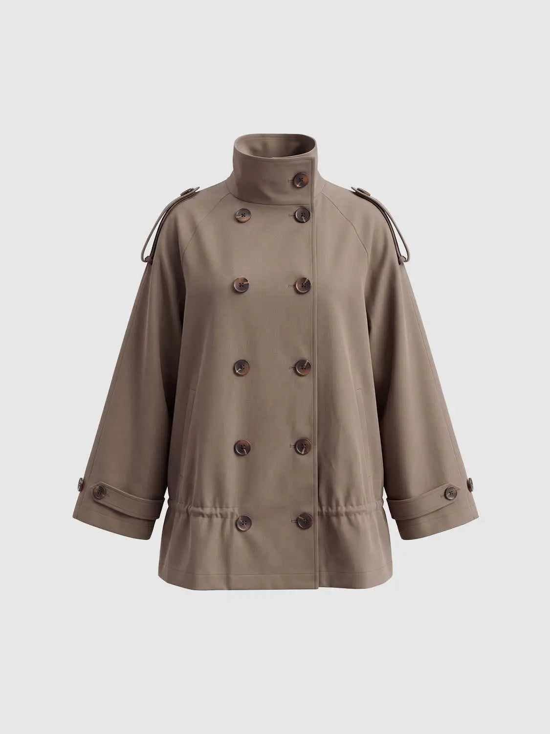Trench coat, taupe, double-breasted with high collar and epaulettes, Urban Revivo Fashion.