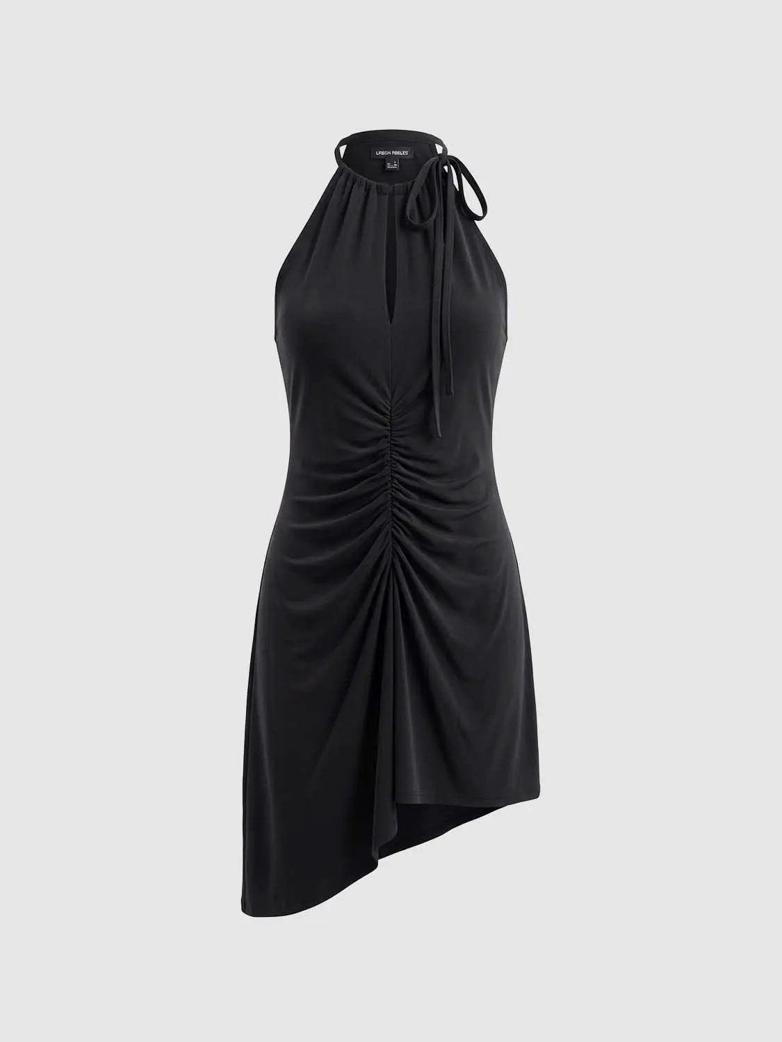 A-line black halter-neck dress with ruched center and draped, asymmetric hem by Urban Revivo Fashion
