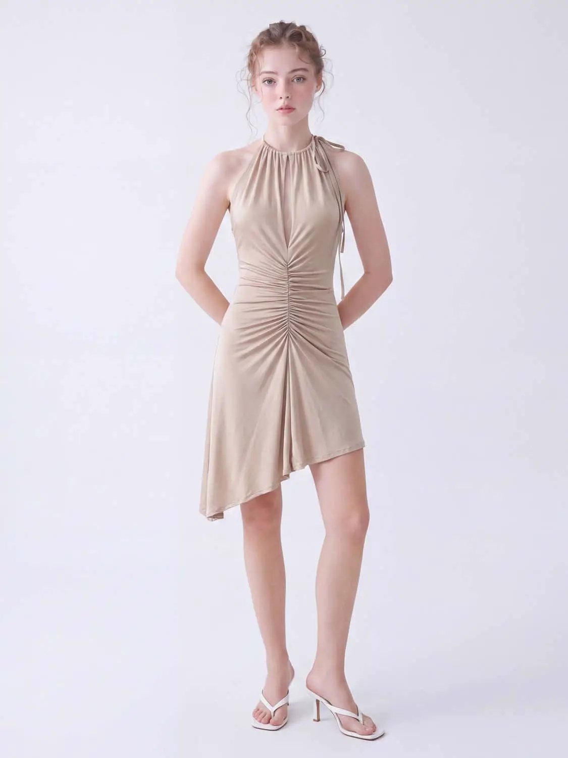 A-Line dress in beige halter-neck with ruched center and asymmetric hem, Urban Revivo Fashion