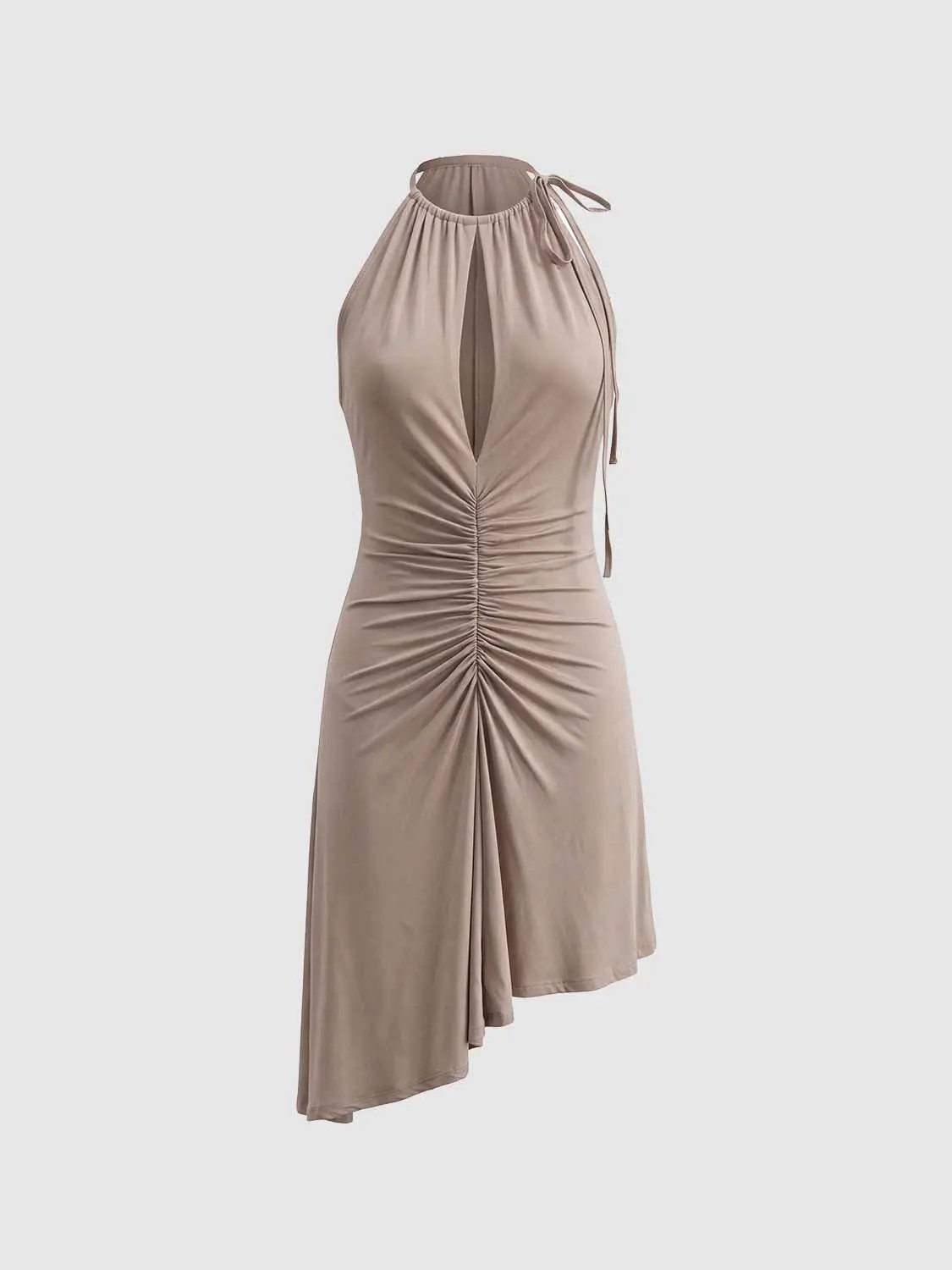 A-line dress in taupe satin with halter neckline, tie strap, and ruched front.