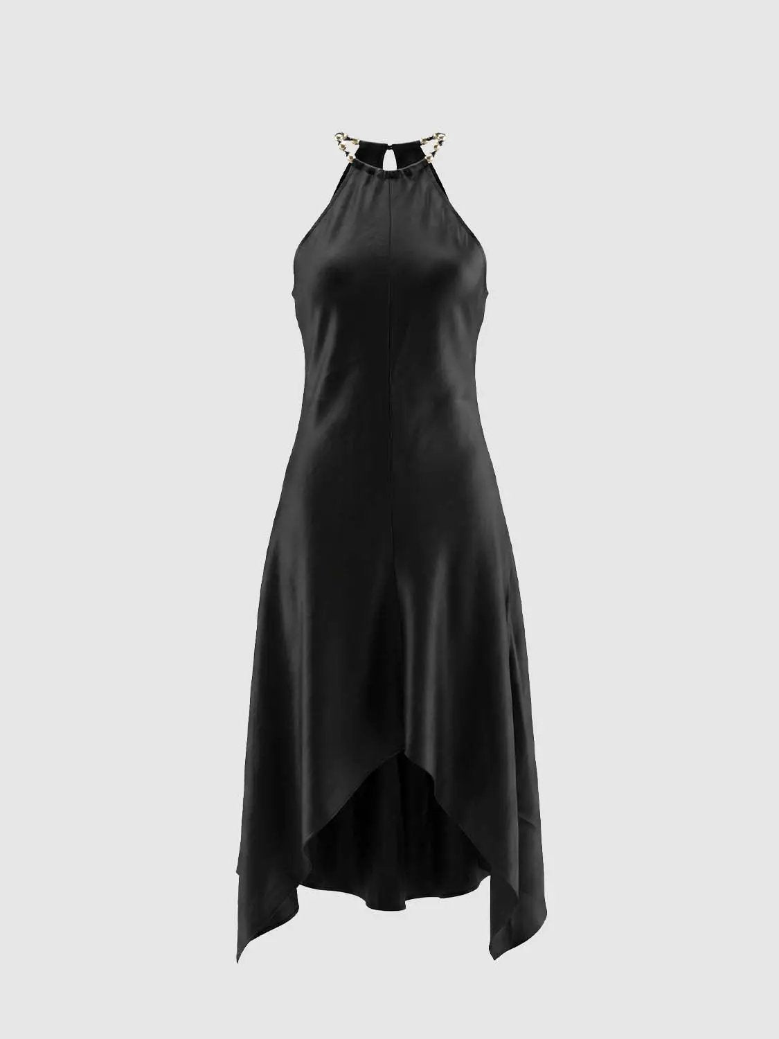 A-Line dress in black satin with halter neckline and gold chain detailing, high-low hem Urban Revivo.