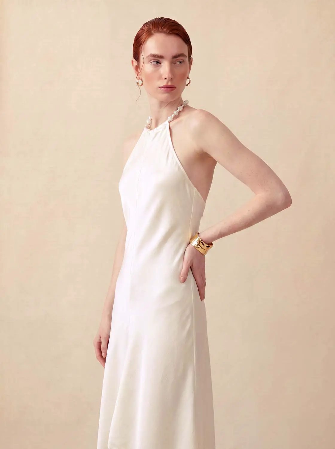 A-Line Dress, white halter-neck sleeveless on model