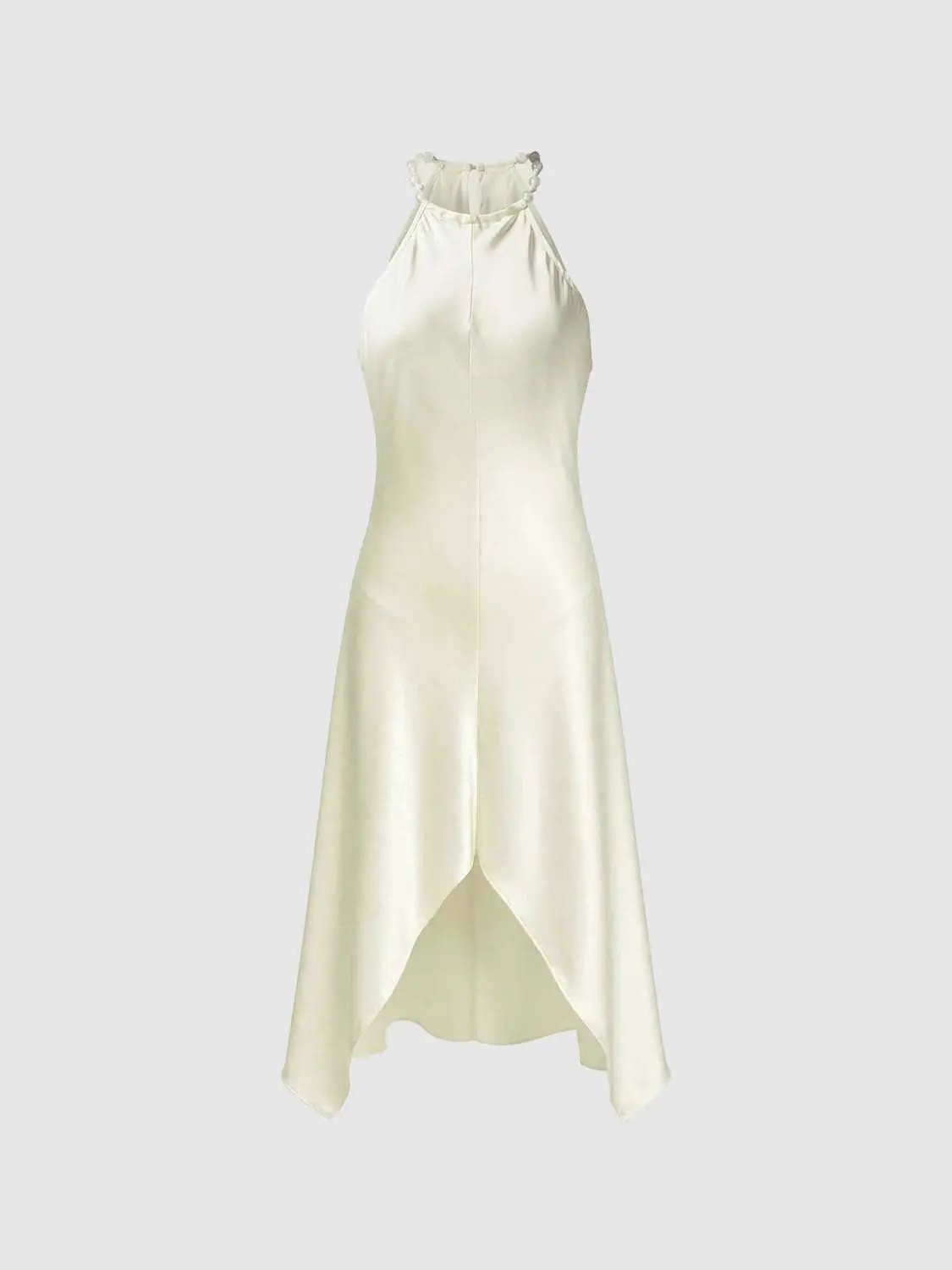 A-line ivory satin dress featuring a pearl-embellished halter neckline.