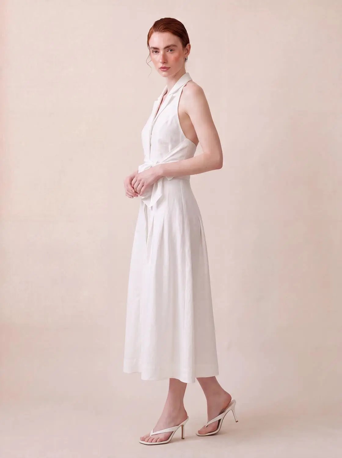 A-Line Dress by Urban Revivo Fashion in white, sleeveless midi dress with waist tie belt.