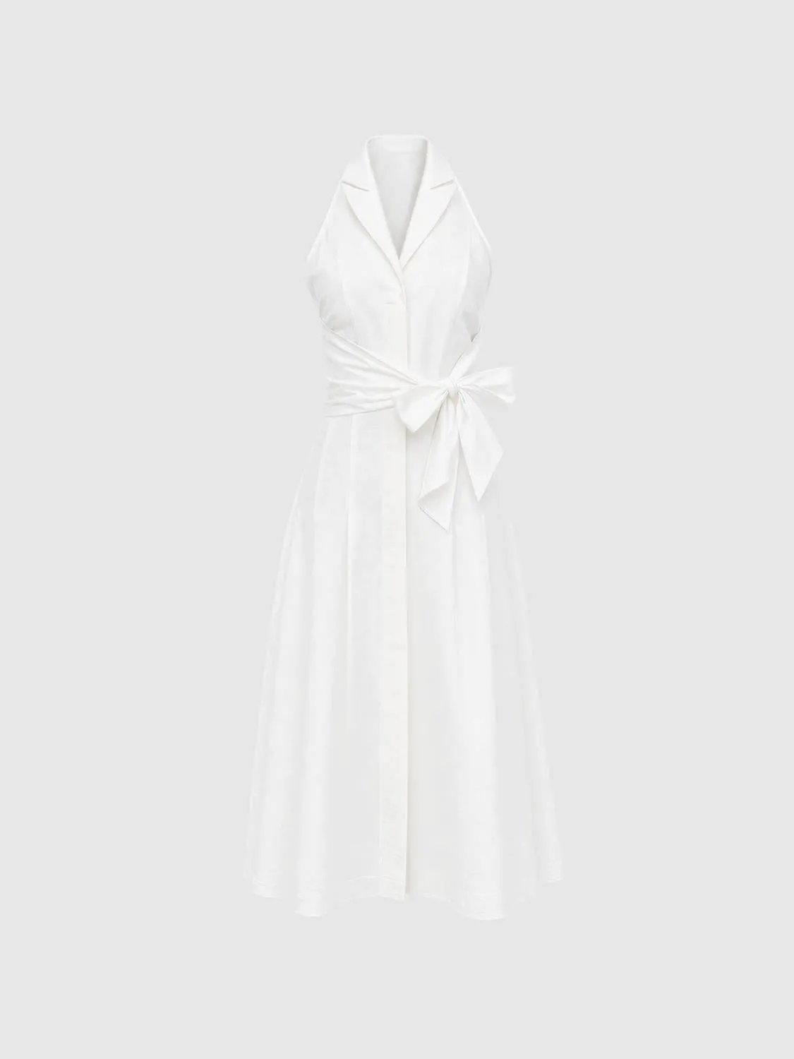 A-Line Dress in white with a waist wrap bow and collar.