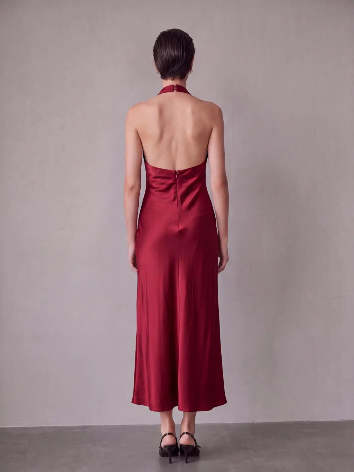 S-Line Dress, burgundy satin ankle-length skinny-fit halter-neck with back zipper
