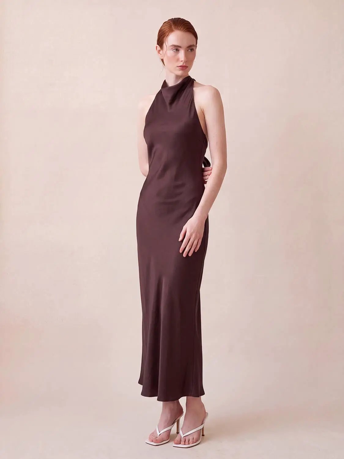 S-Line Dress, brown satin halter-neck maxi, skinny-fit silhouette