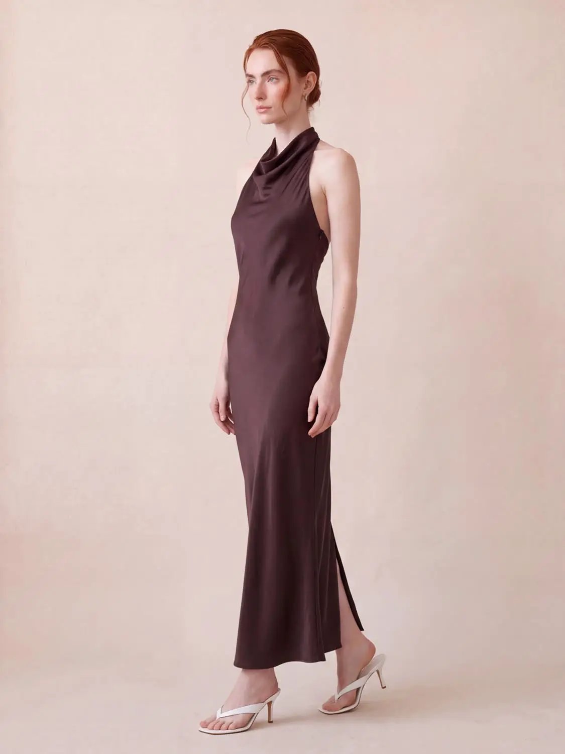 S-Line Dress by Urban Revivo Fashion, burgundy satin skinny-fit ankle-length with halter neckline.
