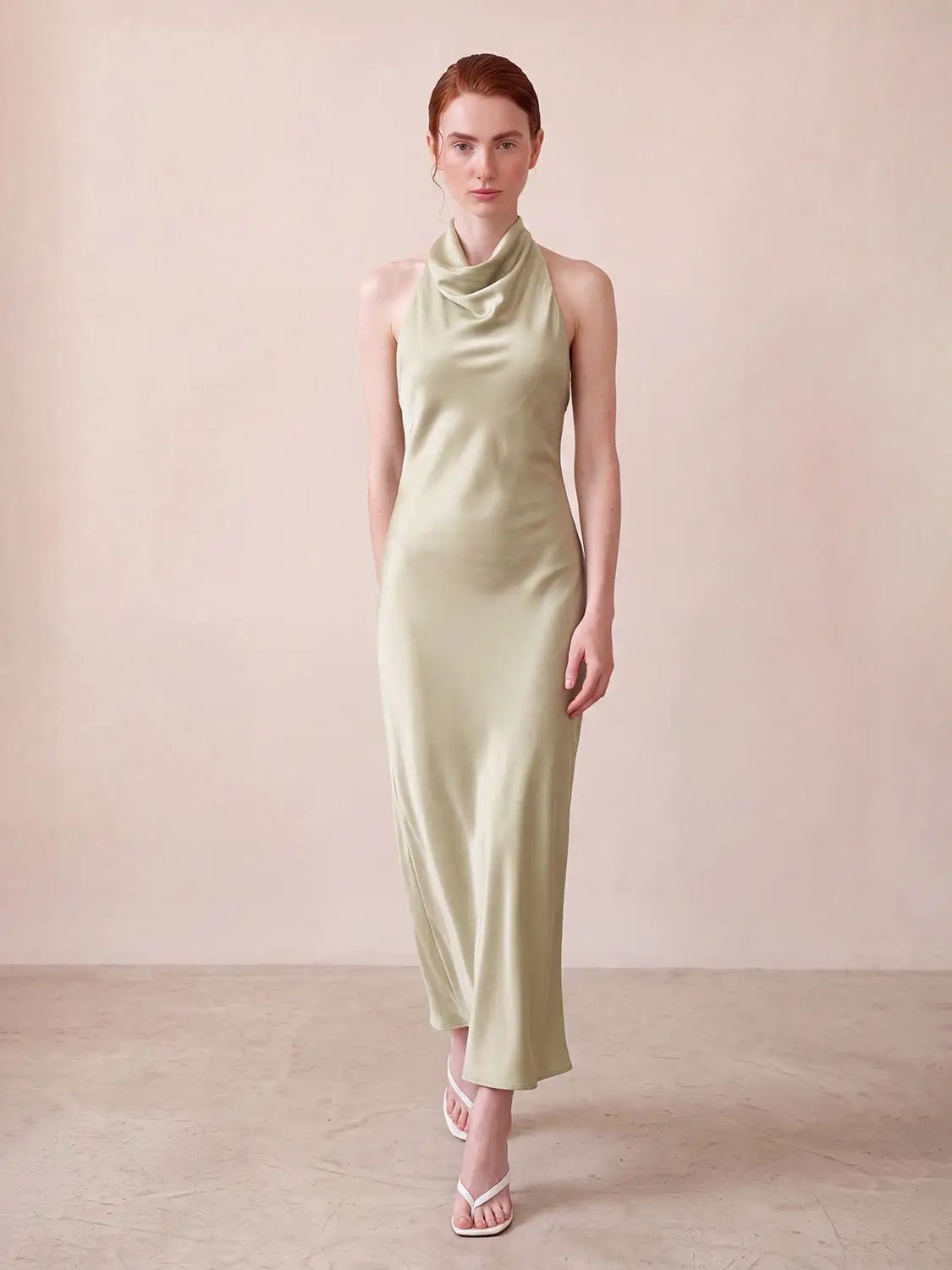 S-Line Dress, sage satin, halter-neck, ankle-length skinny-fit dress
