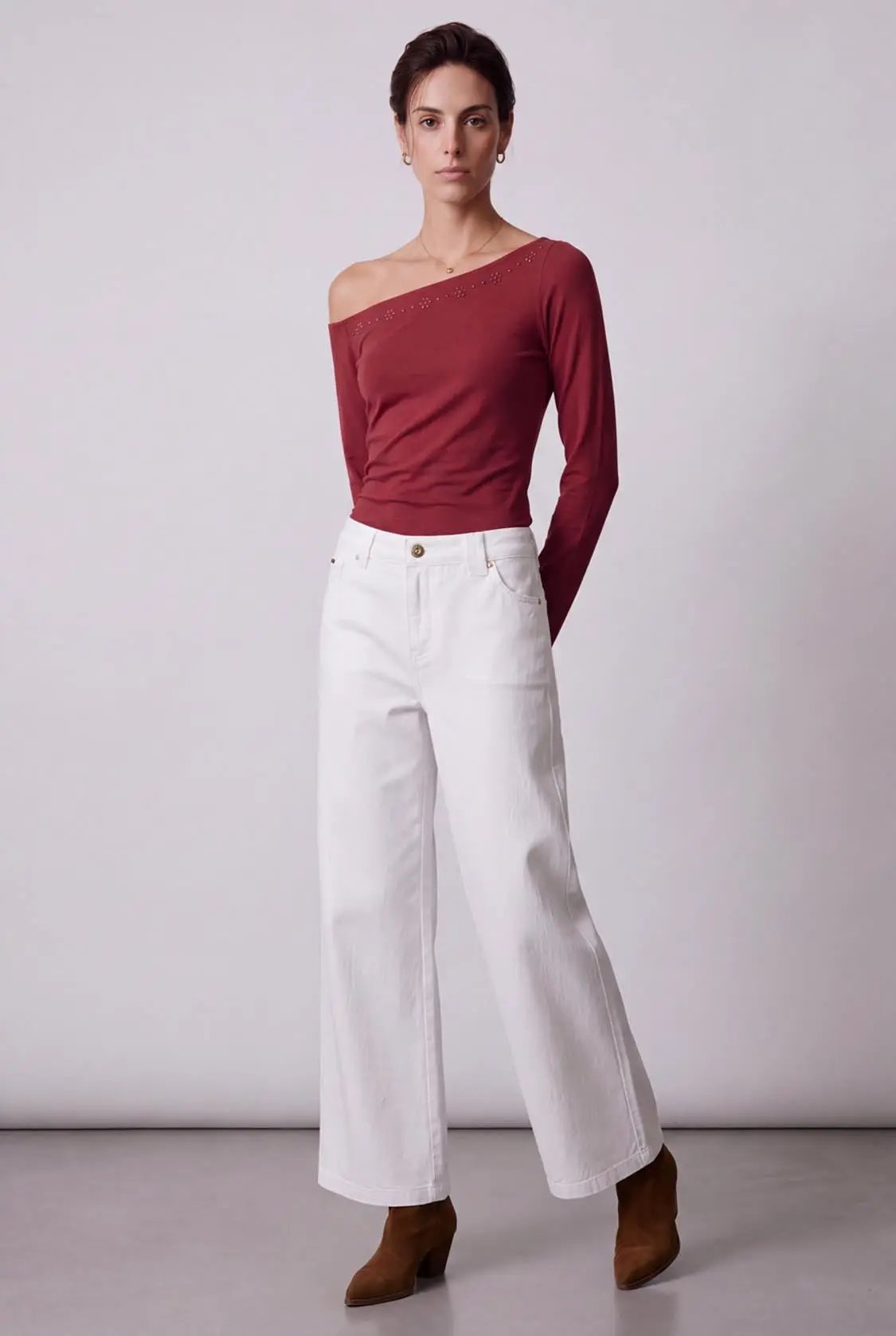 High Rise Belted Straight Wide Leg Cotton Jeans in white by Urban Revivo Fashion