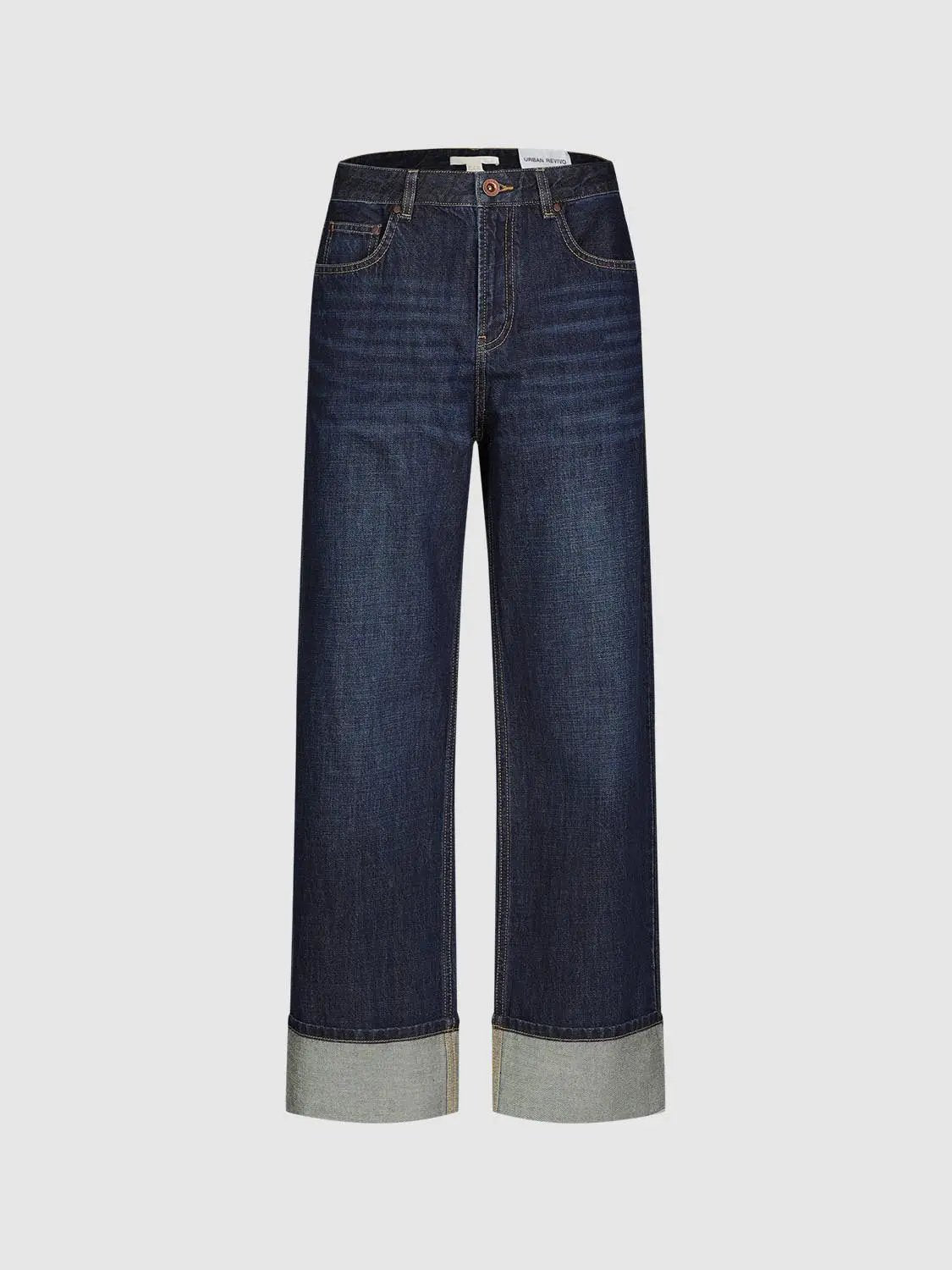 Jeans by Urban Revivo Fashion, dark blue wide-leg denim with light grey cuffed hems.