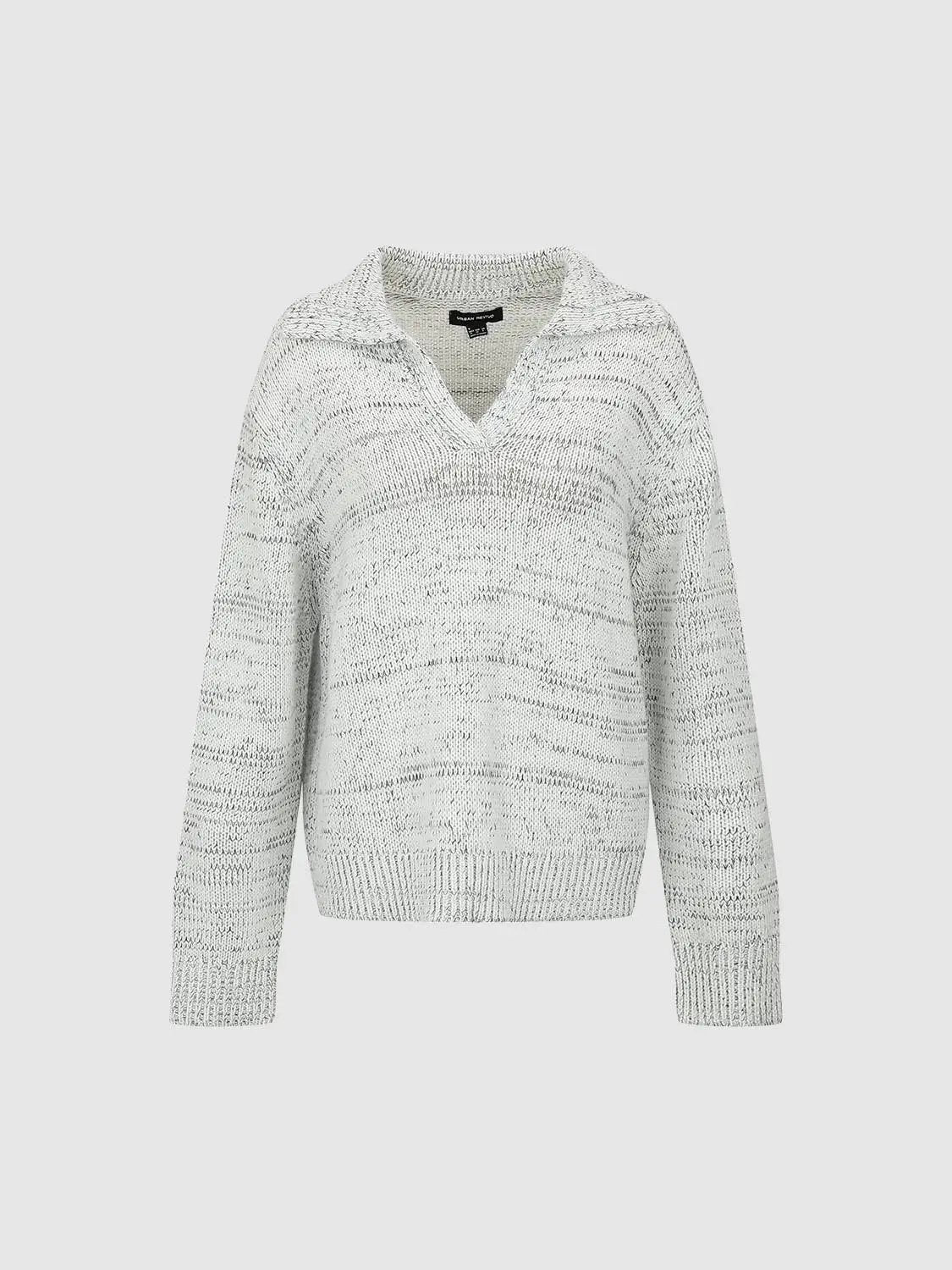 Long sleeve knitted polo sweater in light gray marled knit texture