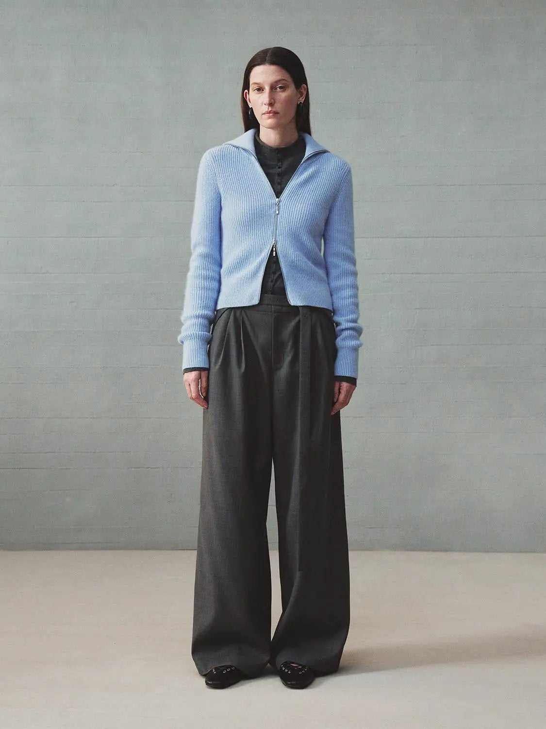 Knit Jacket by Urban Revivo Fashion, light-blue knitted cardigan with zip, worn over dark wide-leg pants