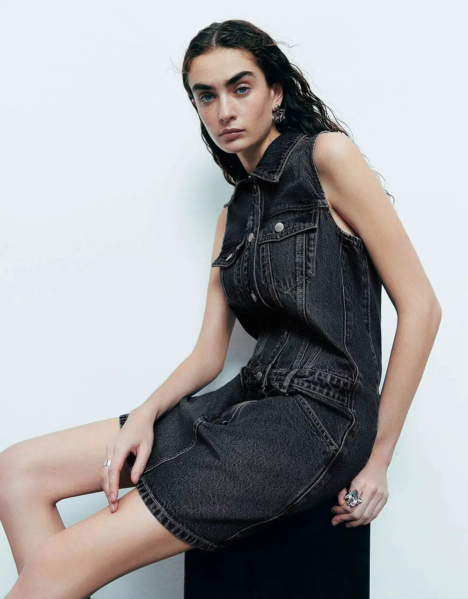Sleeveless Lapel Denim Dress – URBAN REVIVO