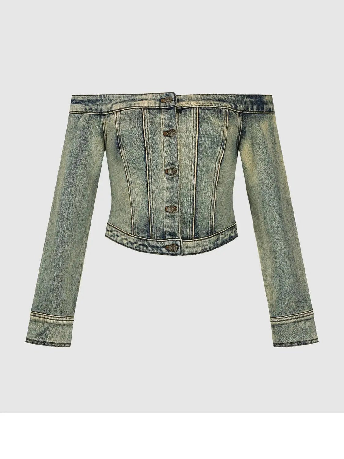 Long-sleeve off-shoulder washed denim cropped top with front button placket and visible seams, light-washed blue