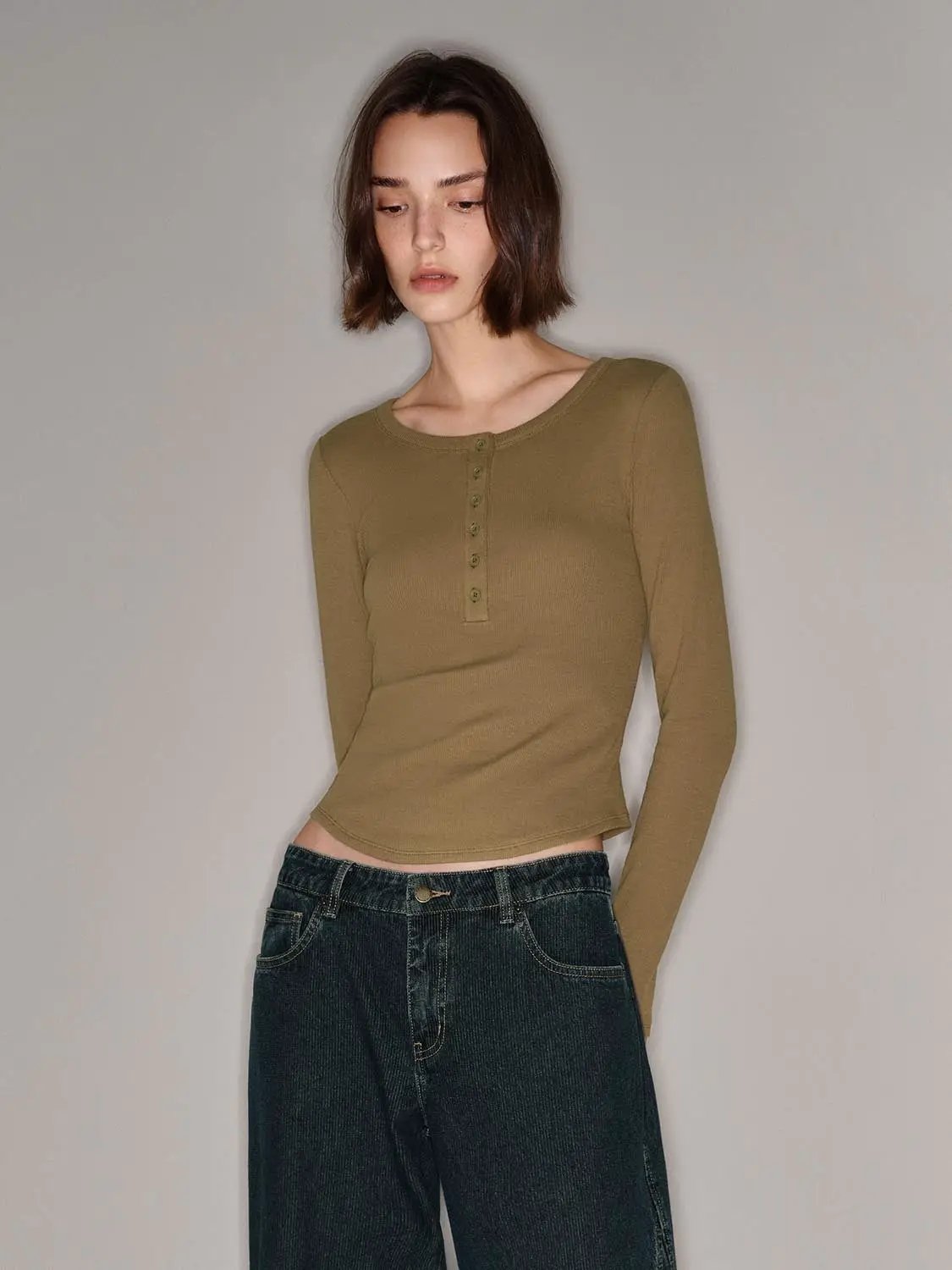 T-Shirt by Urban Revivo Fashion; tan ribbed long-sleeve Henley with button placket.
