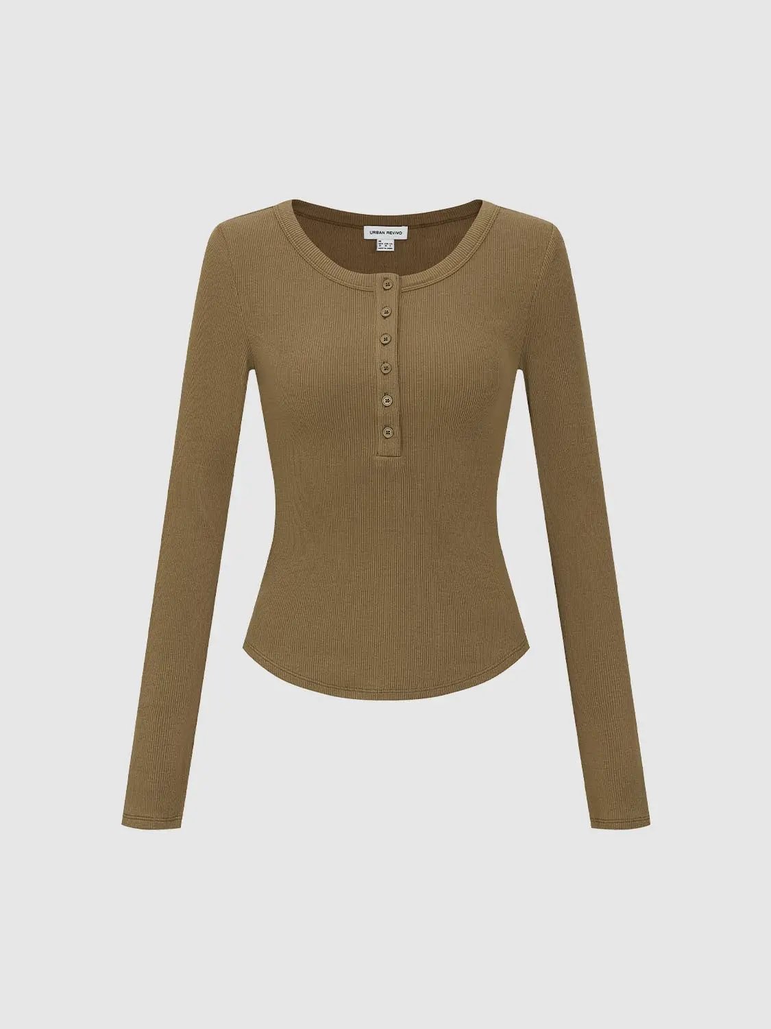 Ribbed taupe long-sleeve T-Shirt with button placket, Urban Revivo Fashion.