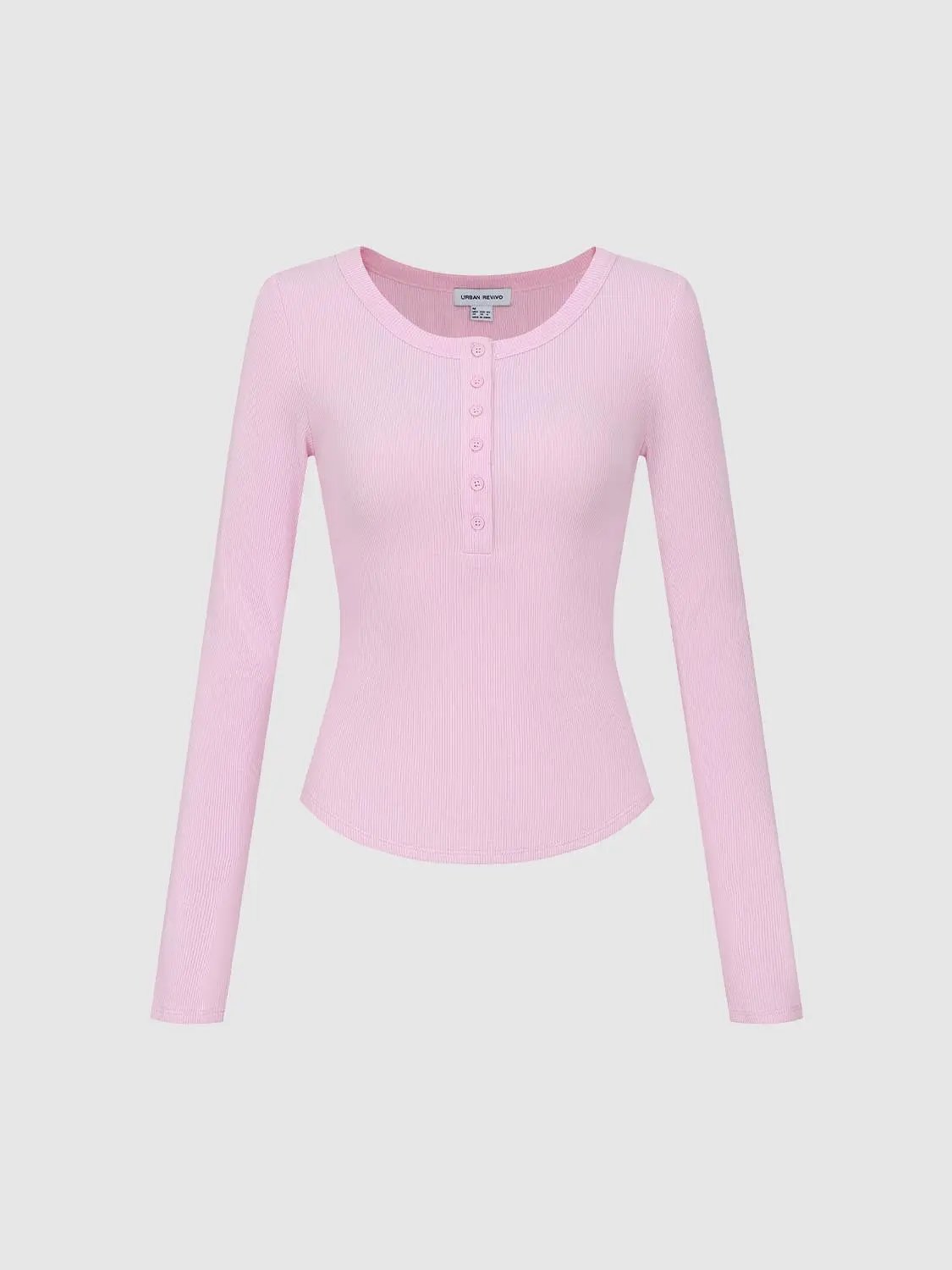T-shirt by Urban Revivo in pink ribbed-knit with five-button front placket.