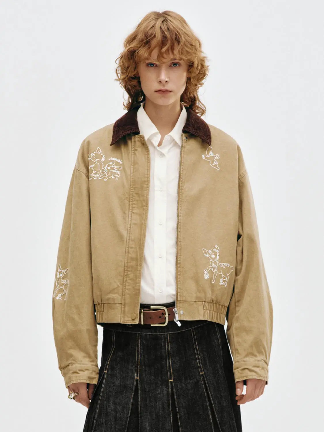 Padded Jacket tan with white embroidery, brown corduroy collar, Urban Revivo Fashion
