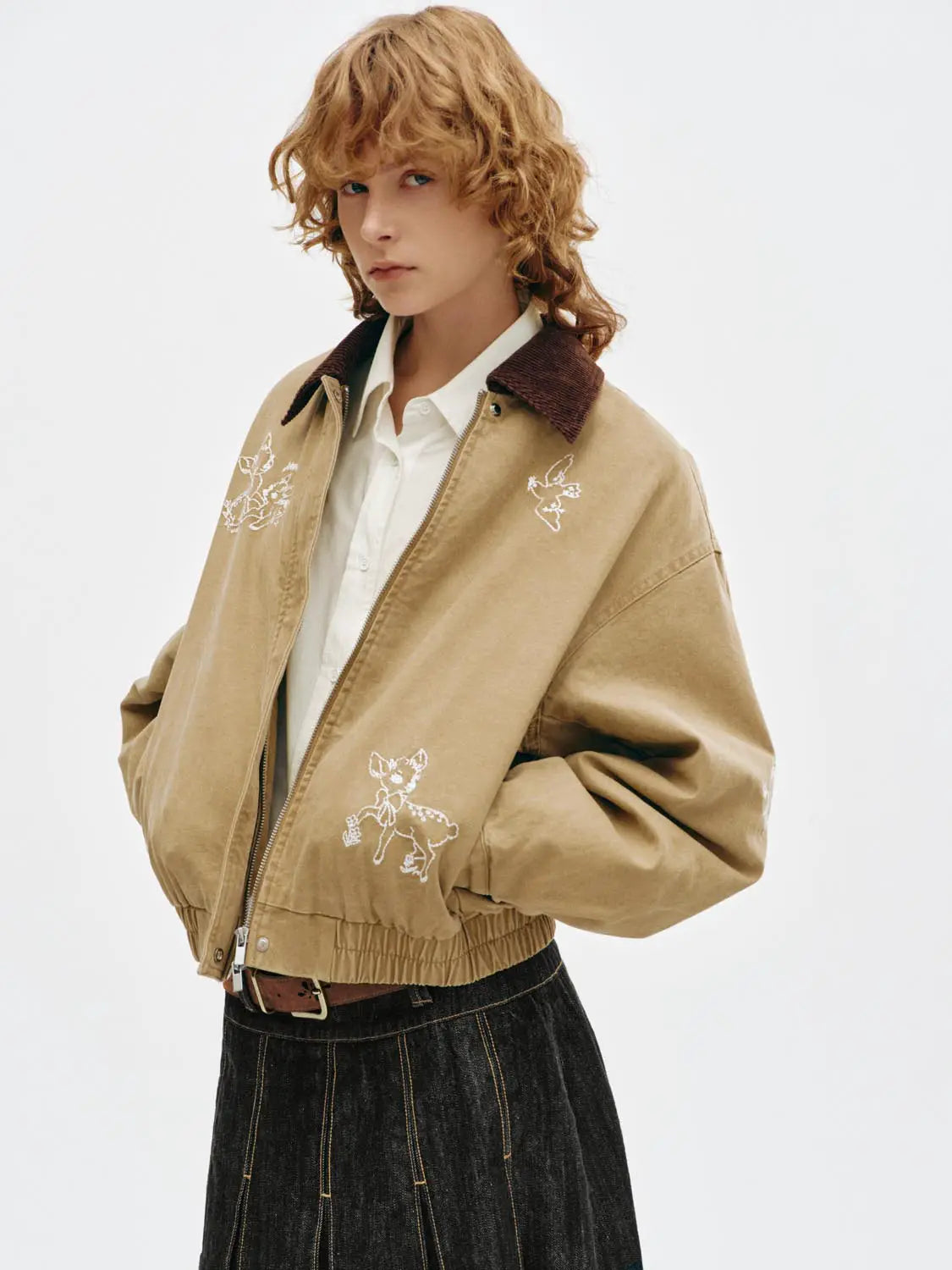 Padded jacket tan with brown corduroy collar and white embroidered dog motifs, Urban Revivo Fashion