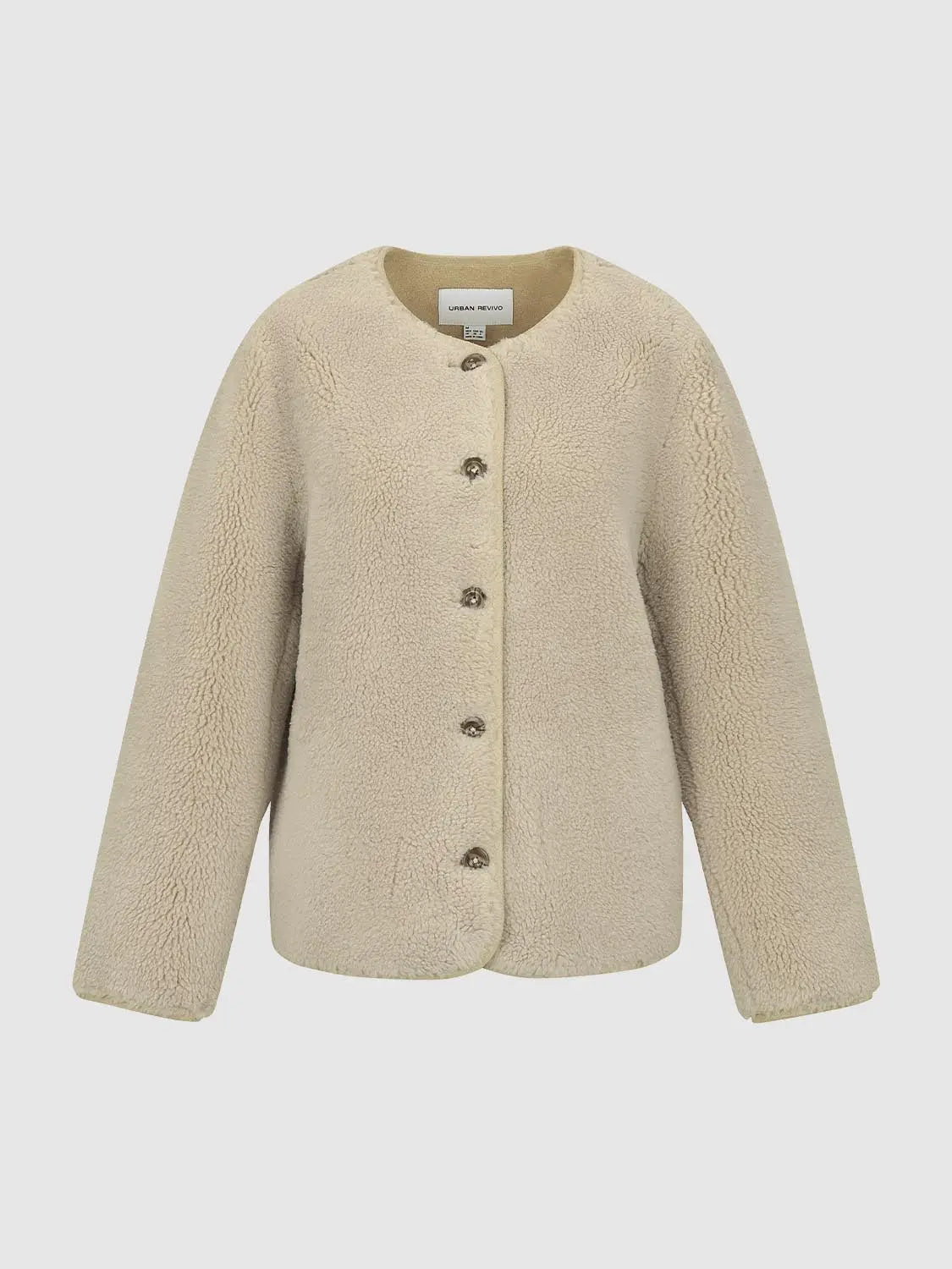 Jacket beige teddy fur with round neck and button front