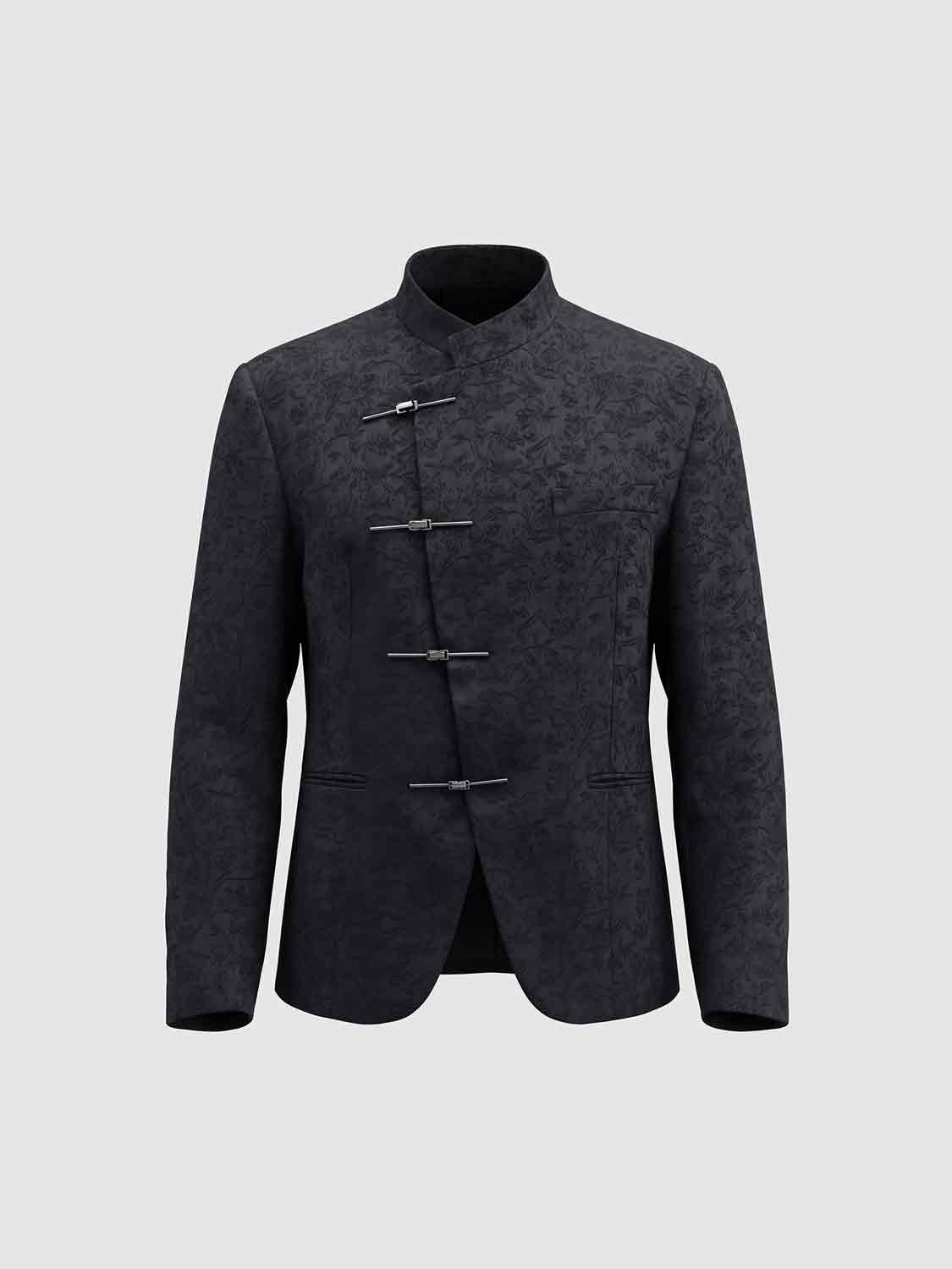 Mandarin-collar textured cotton-blend blazer in dark charcoal with front metal toggle closures