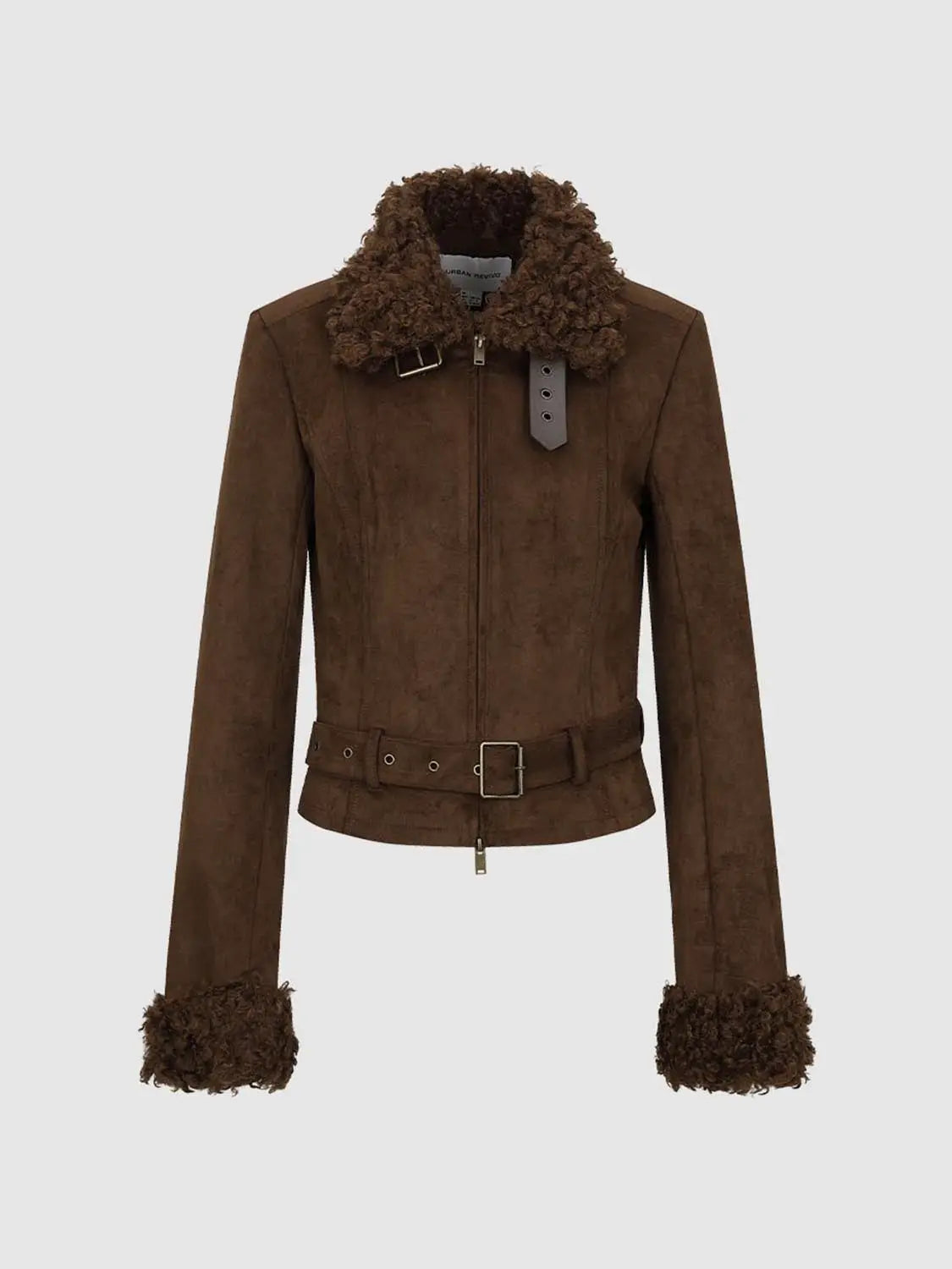 Brown suede jacket with shearling collar and cuffs, front zipper and waist belt by Urban Revivo Fashion
