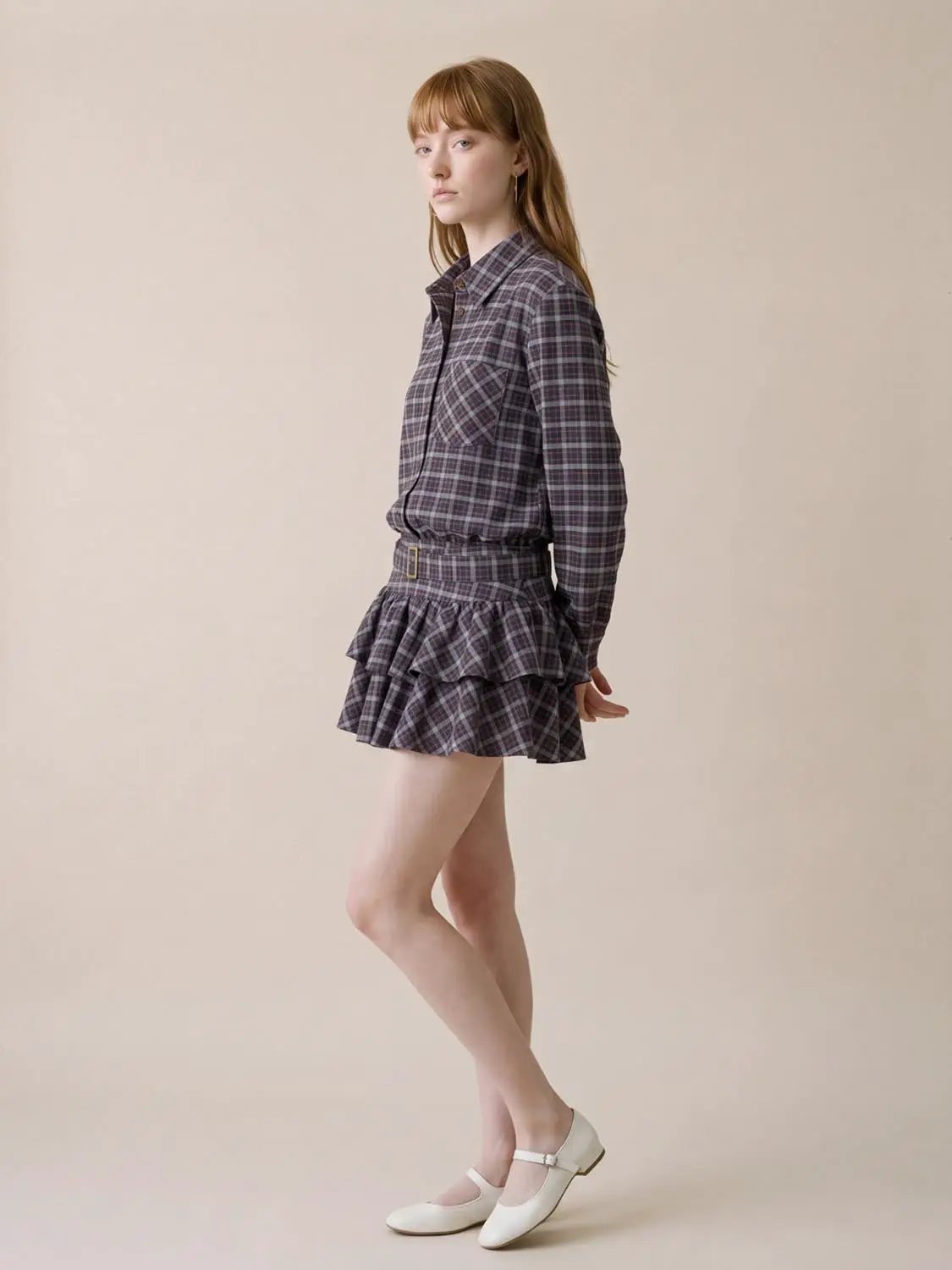 Shirt collar long sleeve plaid dress with tie waist and ruffle hem, Urban Revivo Fashion, purple plaid