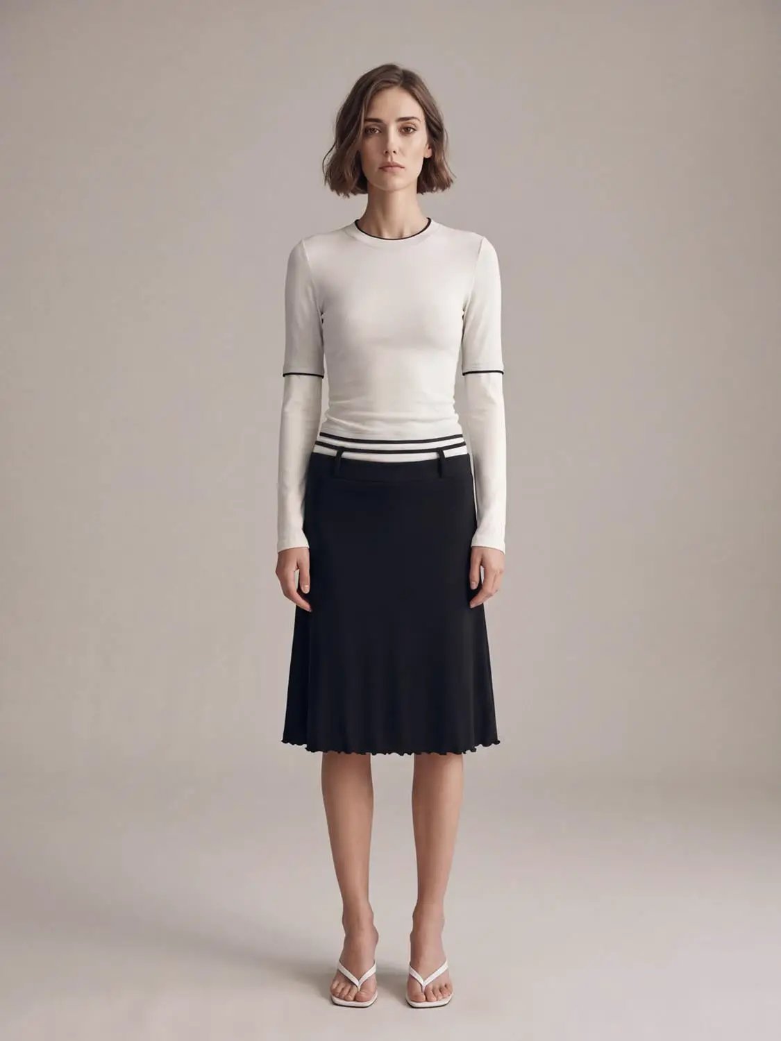 2-In-1 Contrast Trim Crew Neck Long Sleeve Slim Knit Top in white with black trim.
