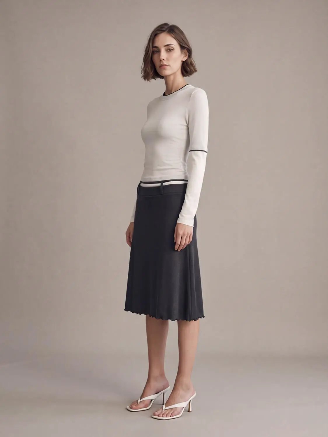 2-In-1 Contrast Trim Crew Neck Long Sleeve Slim Knit Top, white with black trim