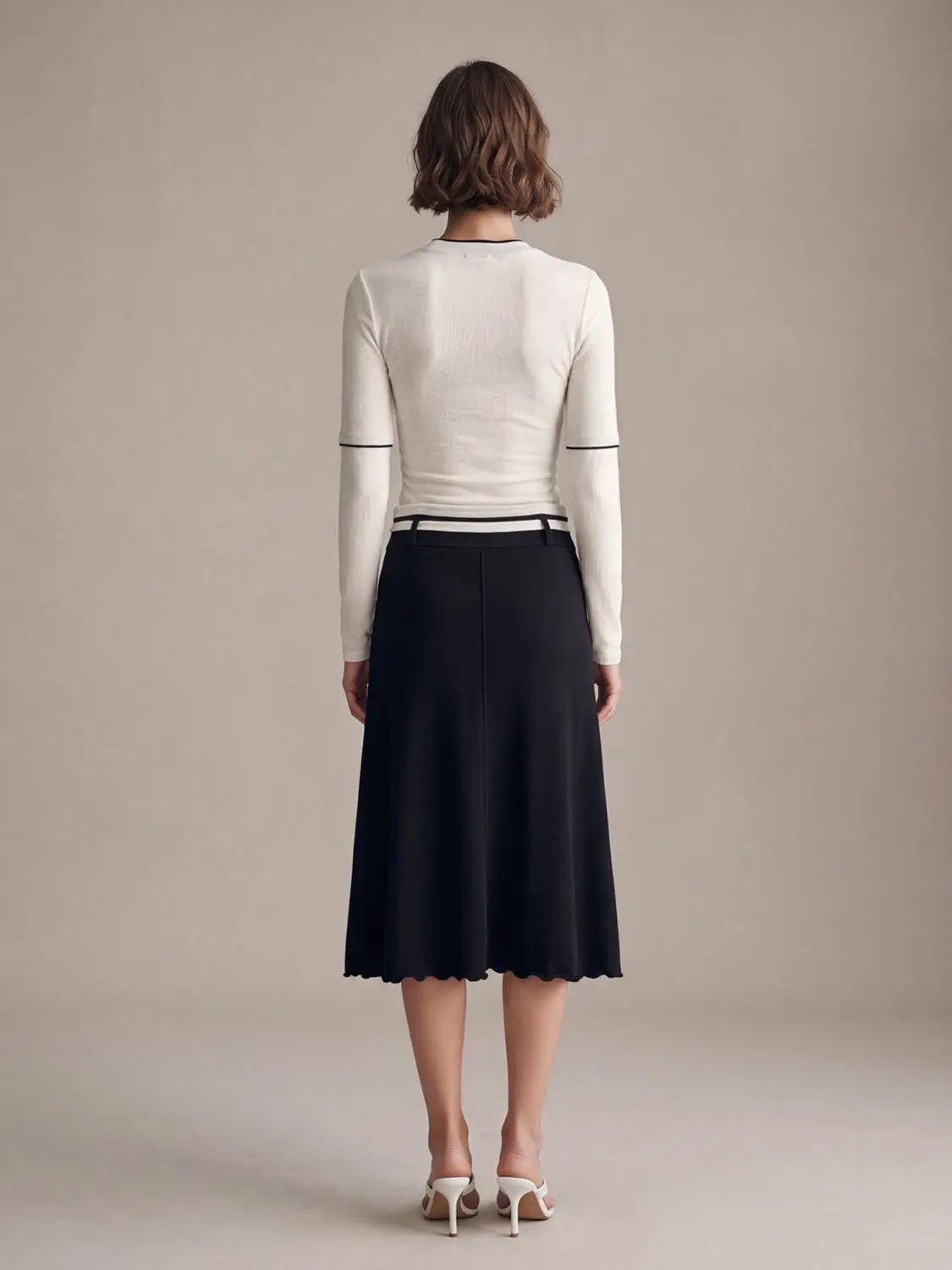 2-In-1 Contrast Trim Crew Neck Long Sleeve Slim Knit Top, white knit with black trim