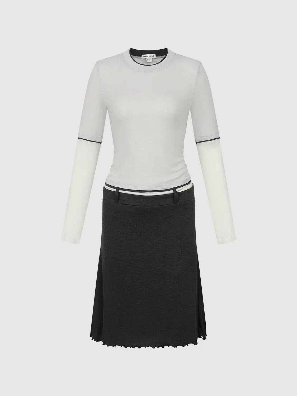 2-In-1 contrast trim crew-neck long-sleeve slim knit top by Urban Revivo in gray with white sleeves