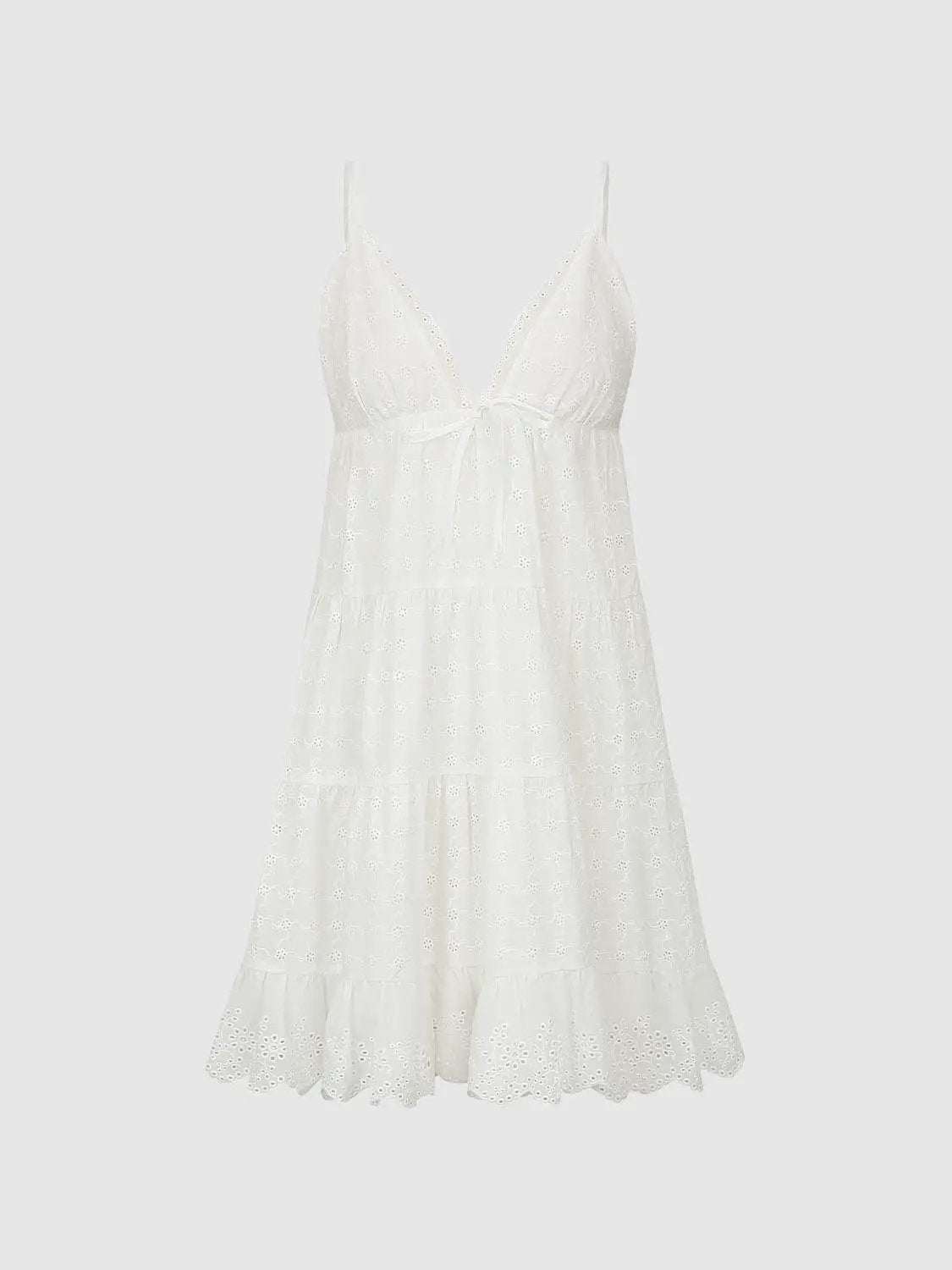 A-Line Dress by Urban Revivo in white eyelet fabric with slim straps and waist tie