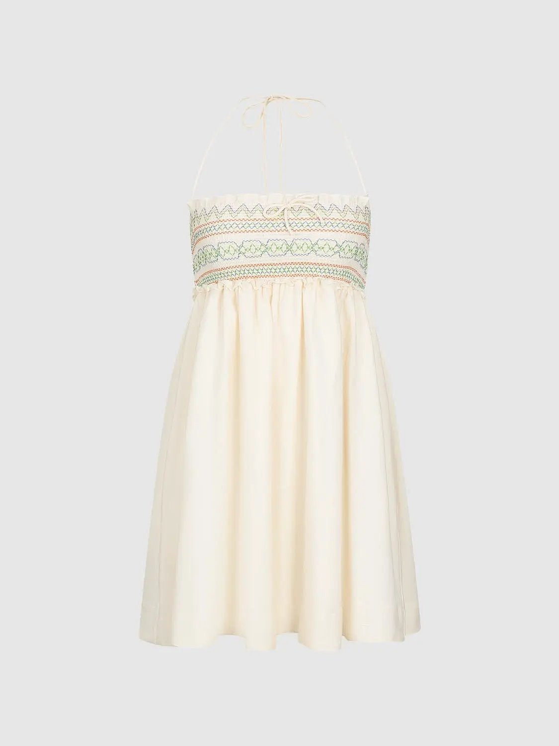 A-line dress by Urban Revivo Fashion, cream with pastel embroidered smocked bodice and halter ties