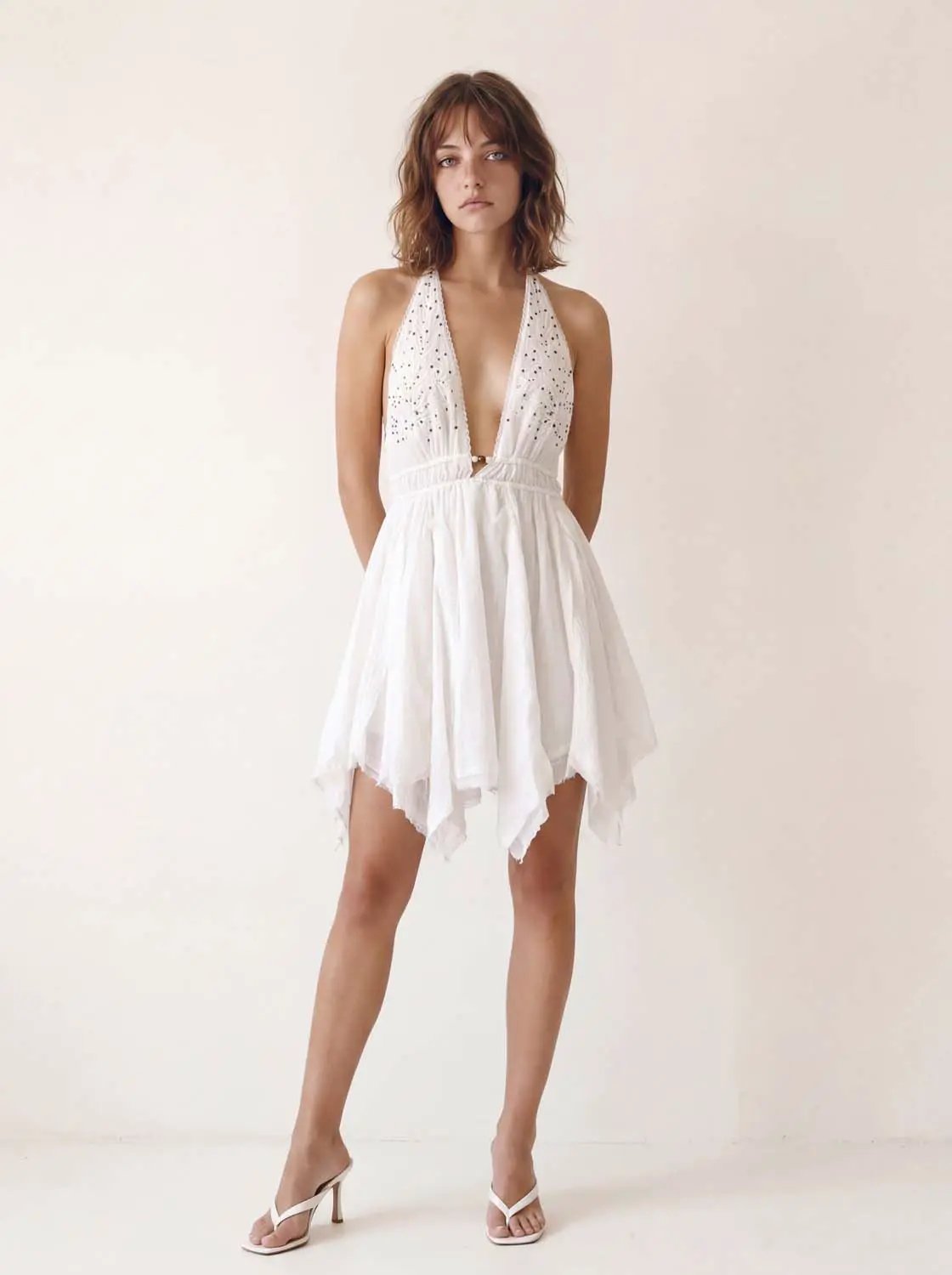 A-Line Dresses white halter-neck dress with eyelet embroidery and flowing asymmetrical hem, Urban Revivo Fashion