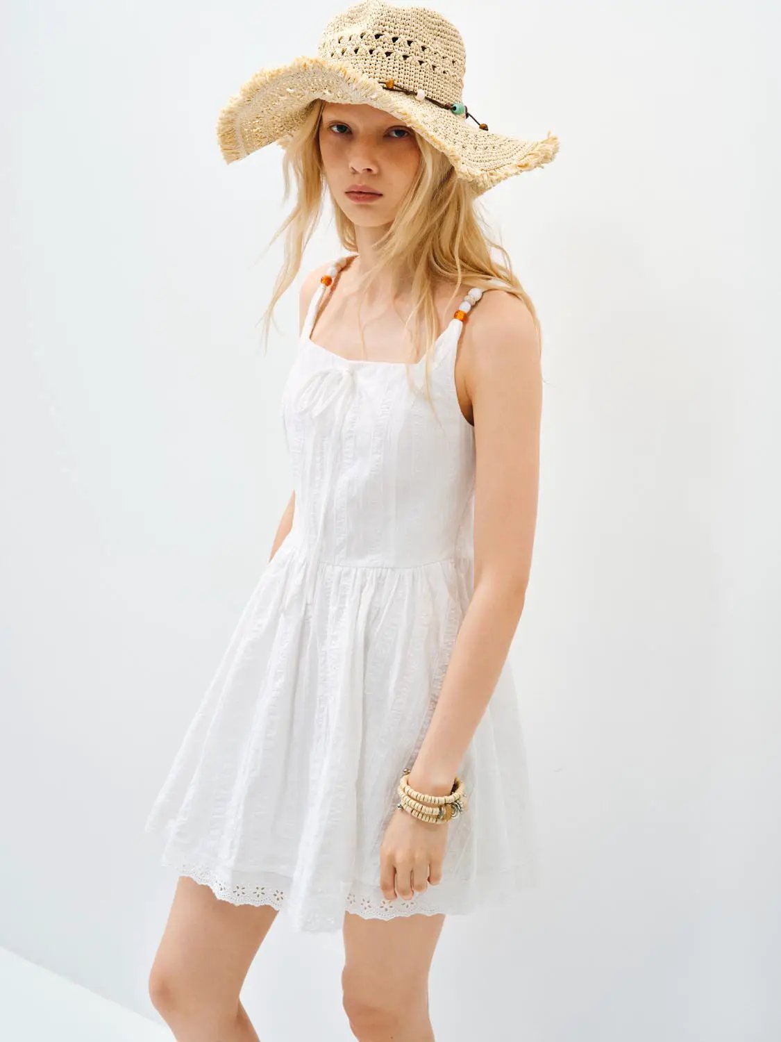 Cotton Lace Dress, white with lace hem and bead-strap accents, Urban Revivo Fashion