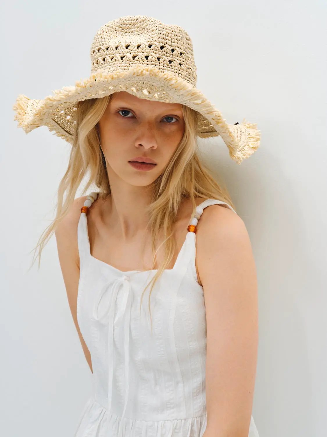 Cotton Lace Dress, white sleeveless with beaded strap accents and a front tie detail