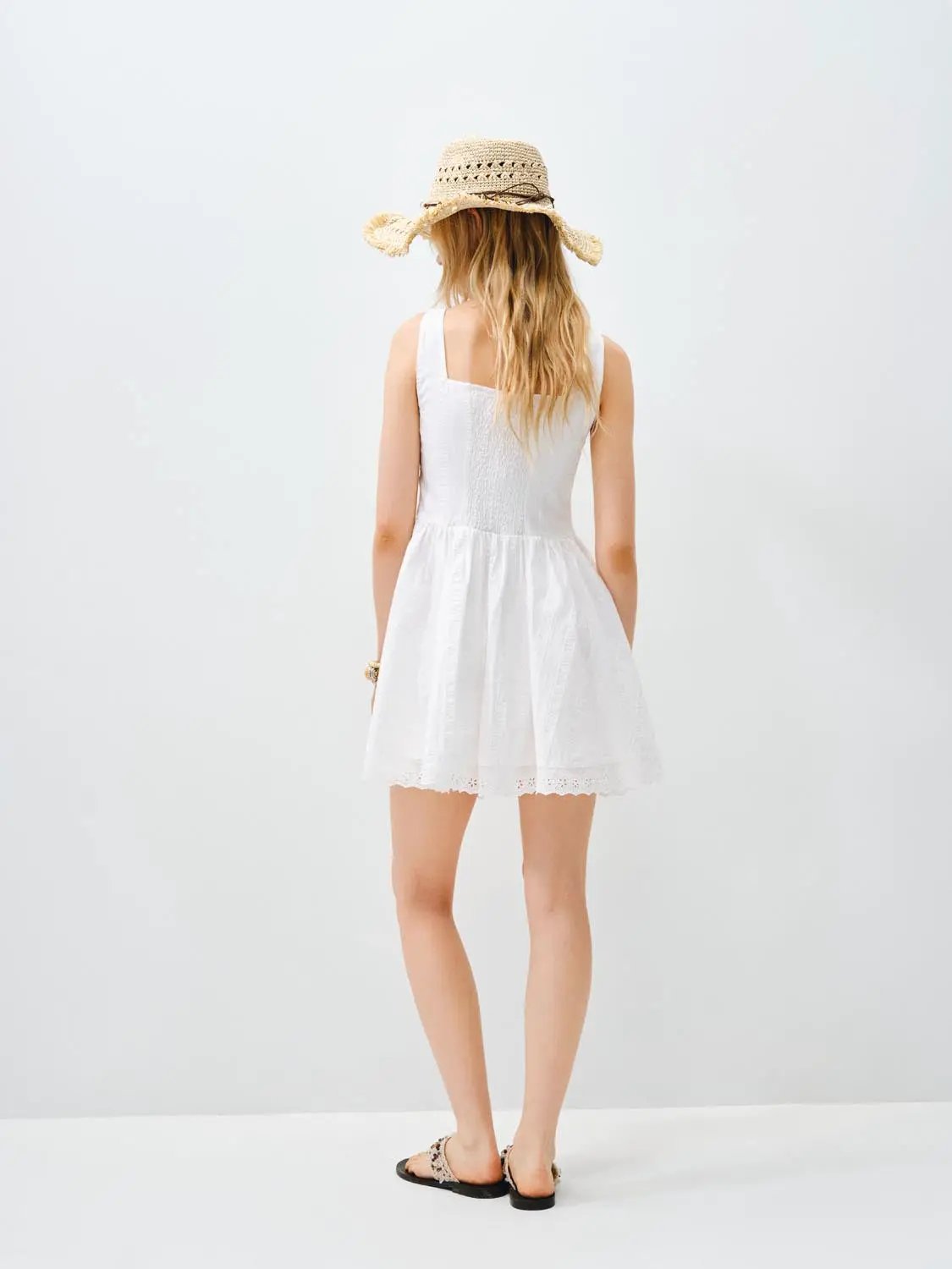 Cotton lace dress, white, sleeveless, mini length with scalloped hem