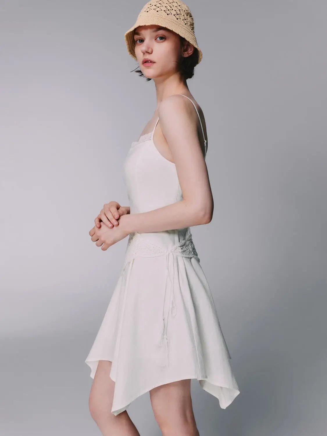 A-line Spaghetti Strap Linen Blend Dress in white.