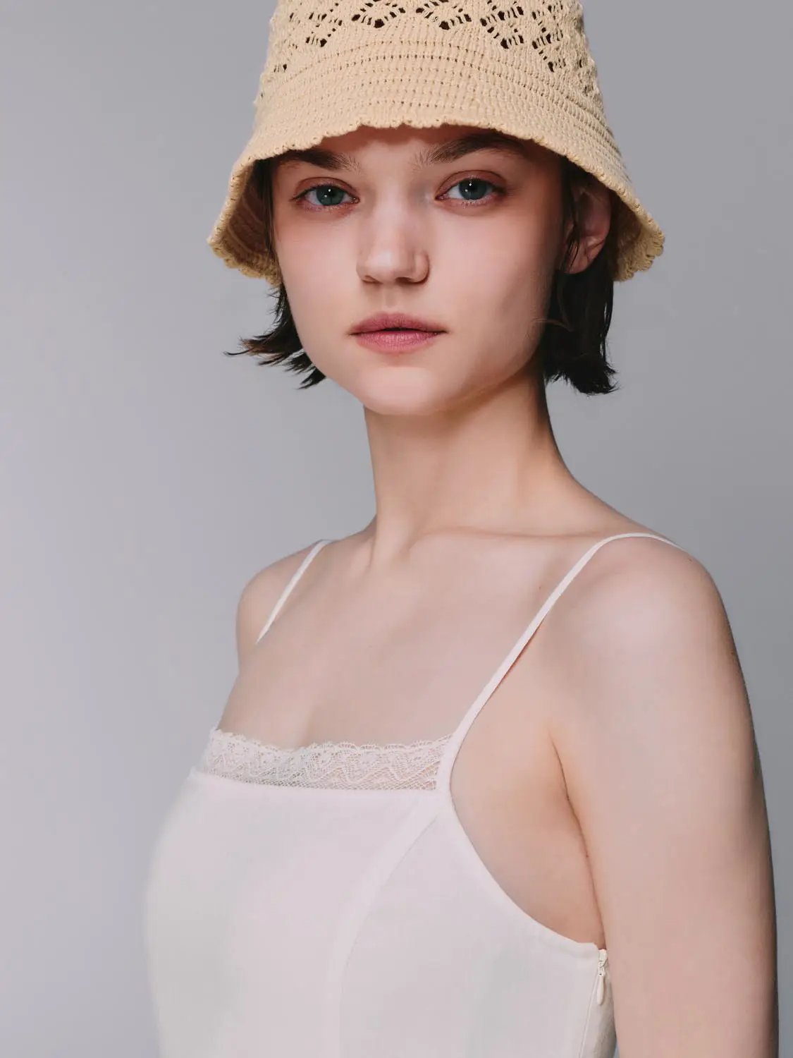 A-line linen-blend spaghetti-strap dress in ivory with lace-trim neckline