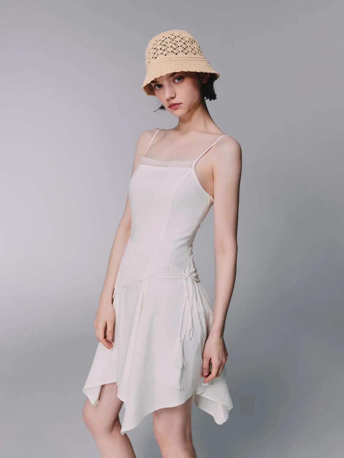 A-line spaghetti-strap linen-blend dress in ivory with lace trim and side waist tie
