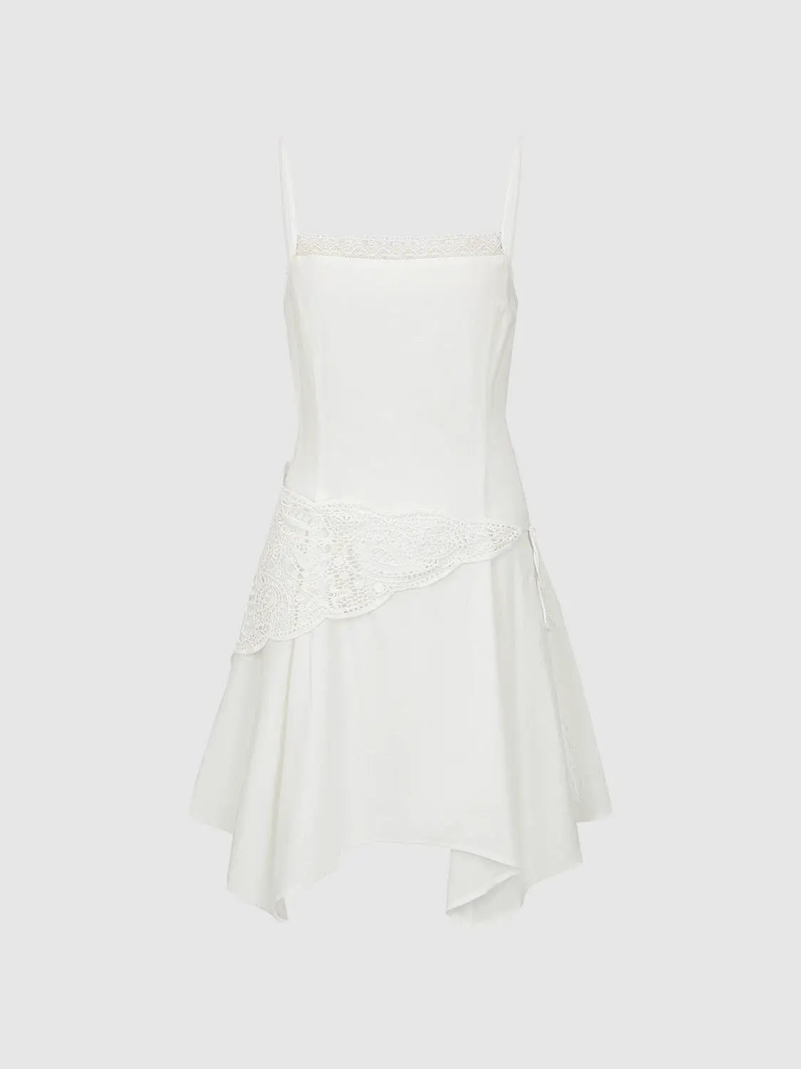 A-line spaghetti-strap linen-blend dress in white with lace trim at neckline and waist and asymmetric hem