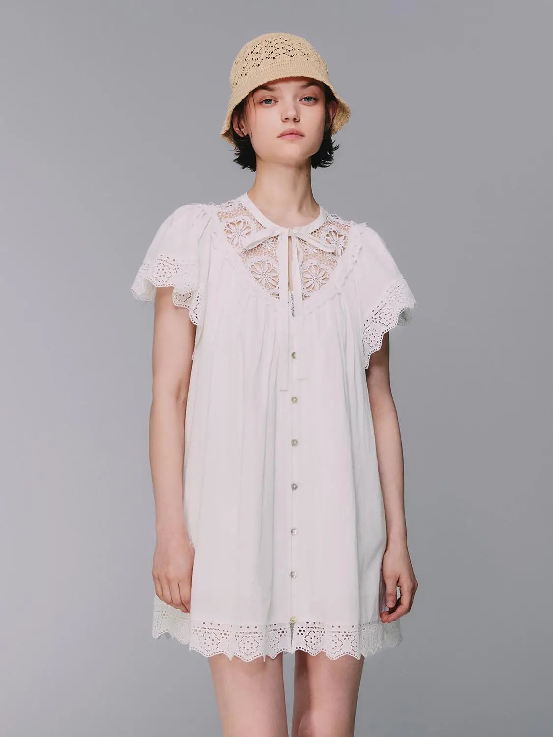 Dress by Urban Revivo Fashion in white with cotton lace collar, cuff details, scalloped hem, lightweight lining