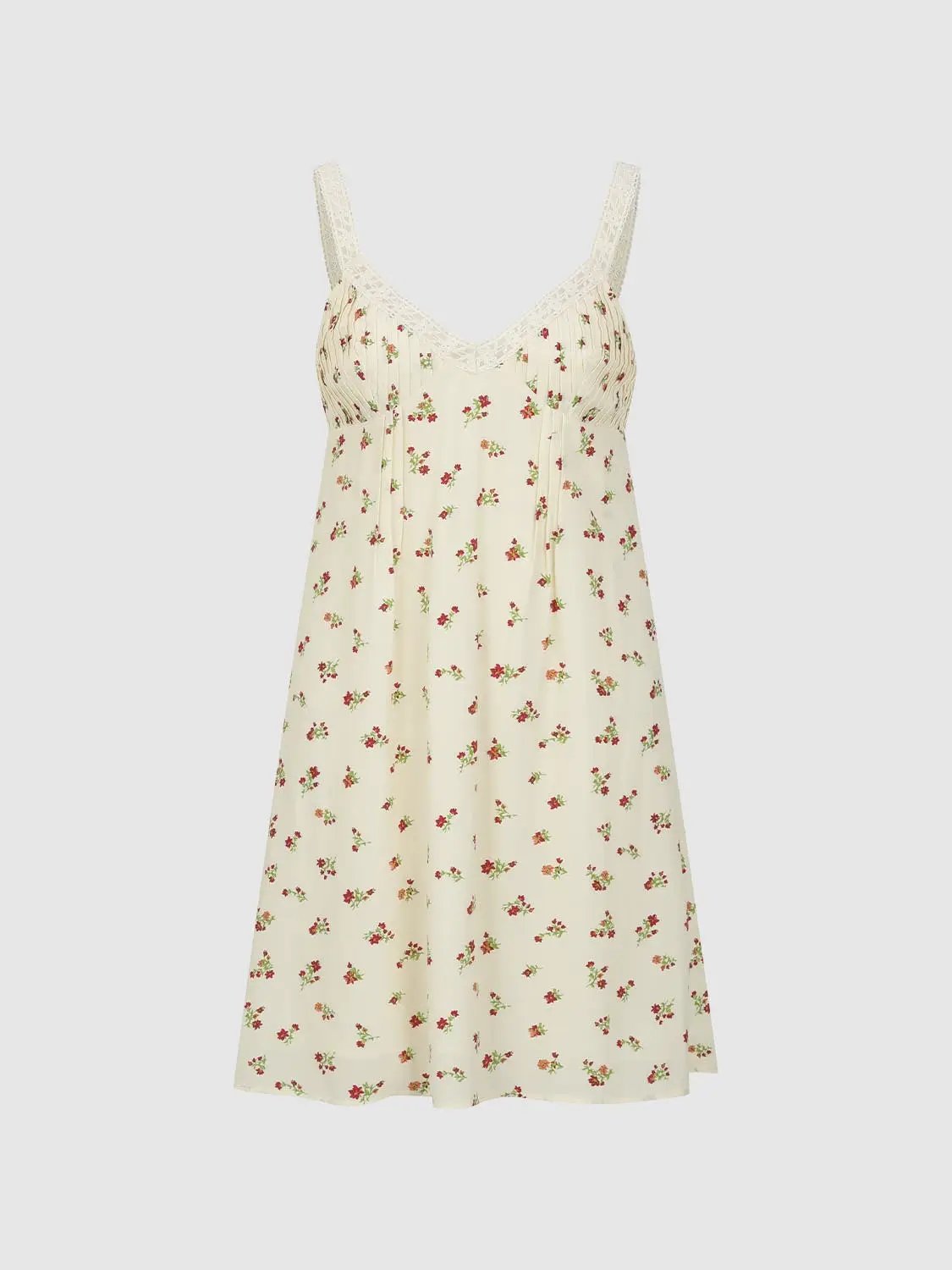 A-Line Dress ivory with red floral print and lace-trim straps, Urban Revivo Fashion