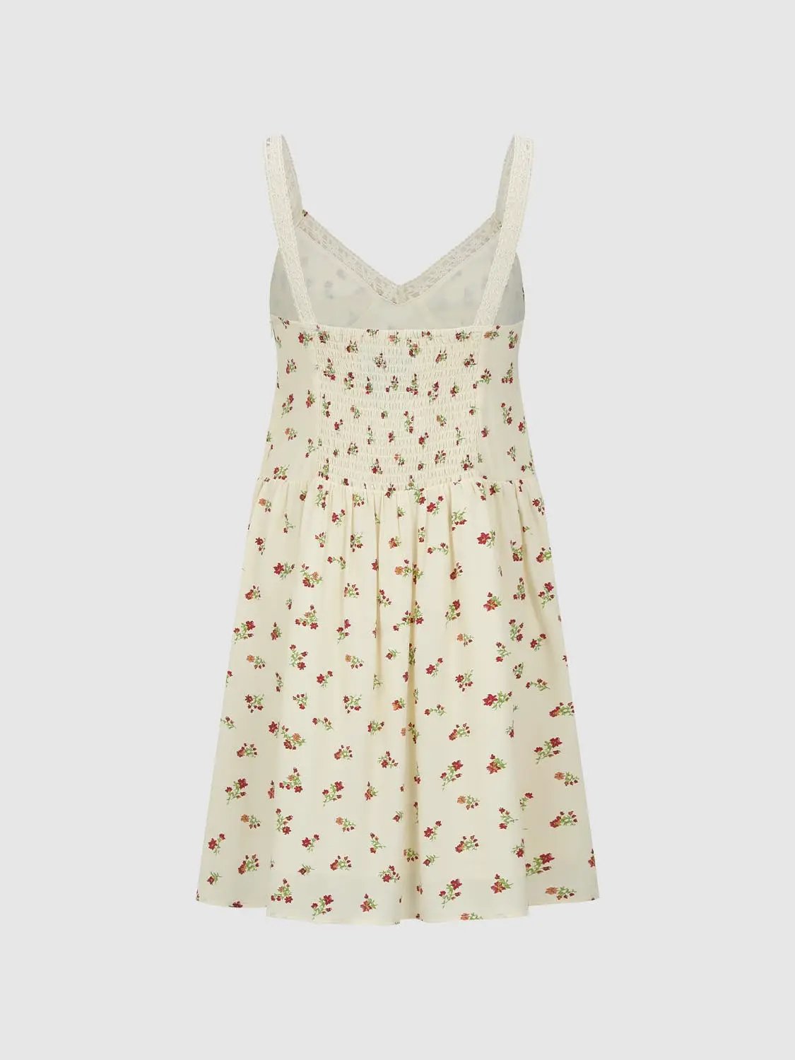 A-Line Dress in ivory with red floral print, smocked bodice, lace-trimmed straps